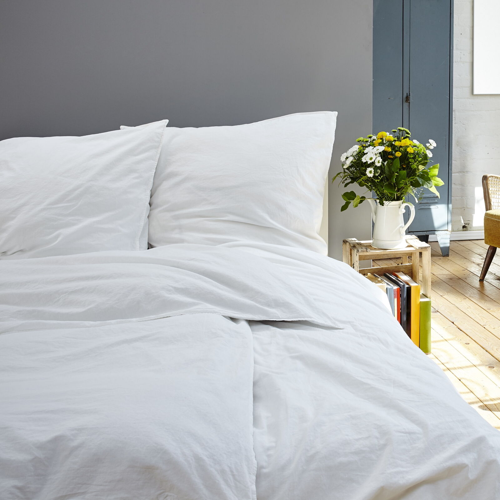 Hotelbettwäsche Uni Weiß Baumwolle Linon-140x200 cm + 40x80