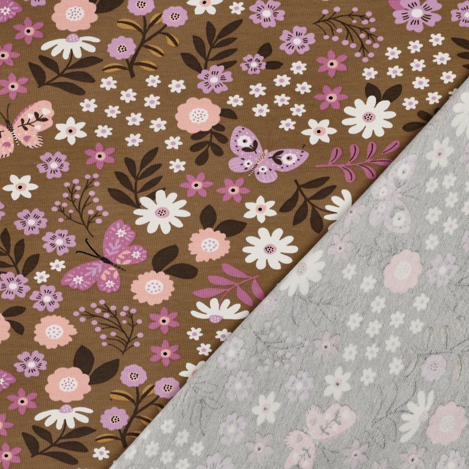 French Terry Stoff Blumen Braun Beige Meterware 148 cm
