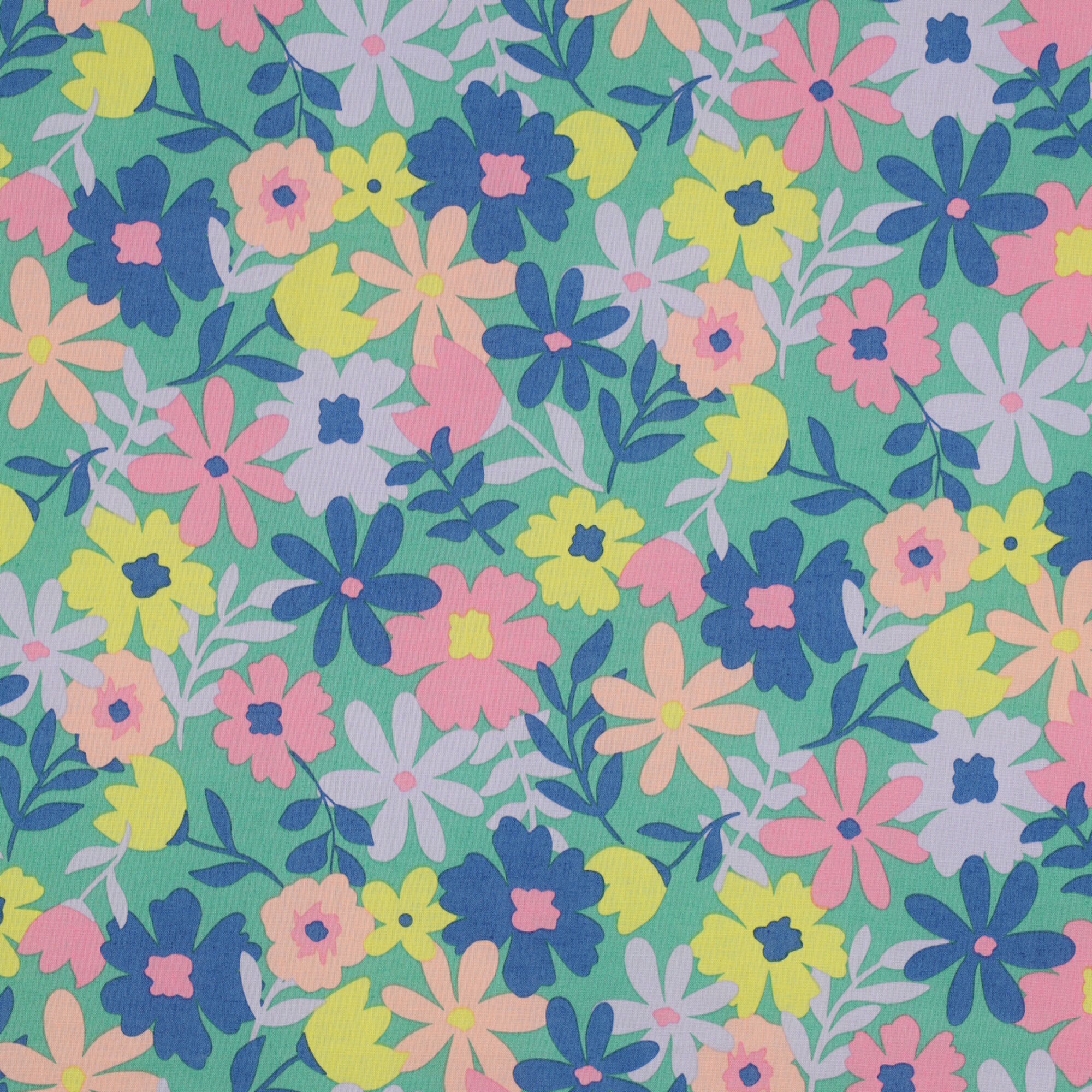 Stoff Meterware Bunte Blumen auf Grün Beschichtet