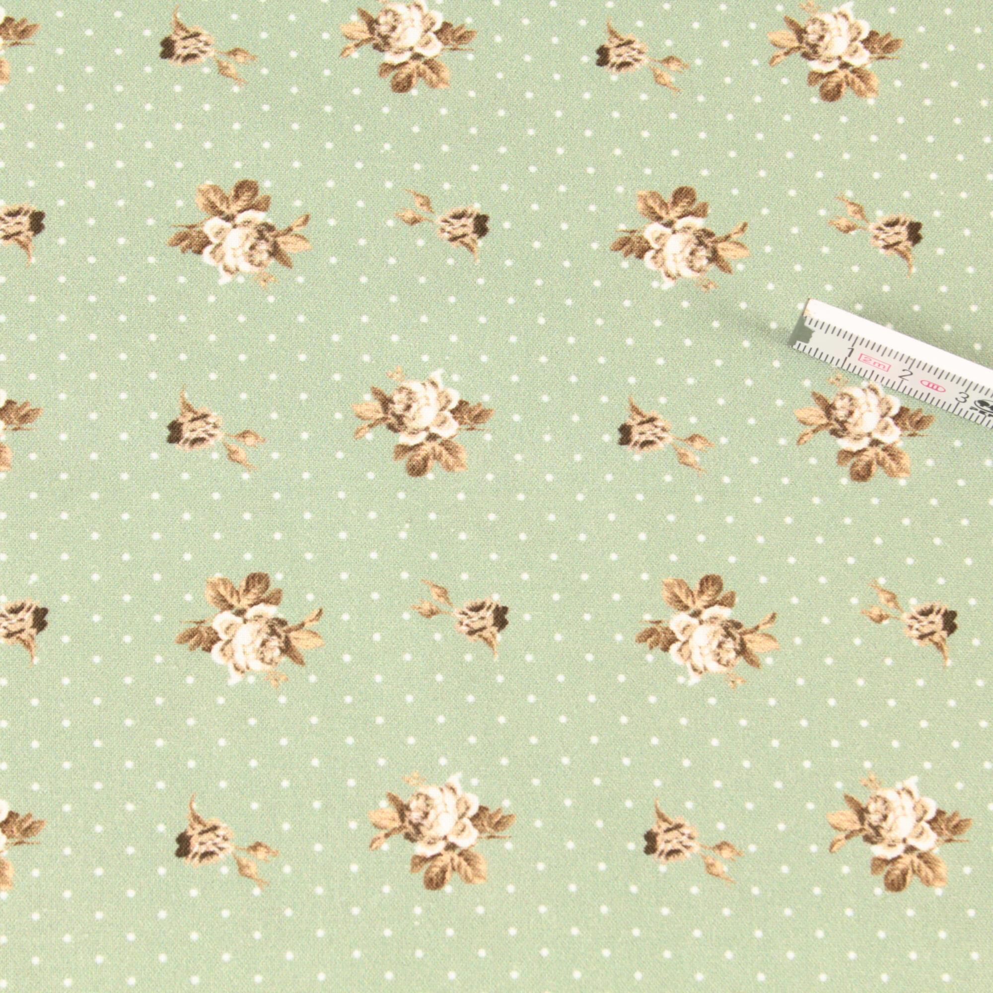 Stoff Meterware kleine Rosen Punkte Grün Baumwolle Perkal