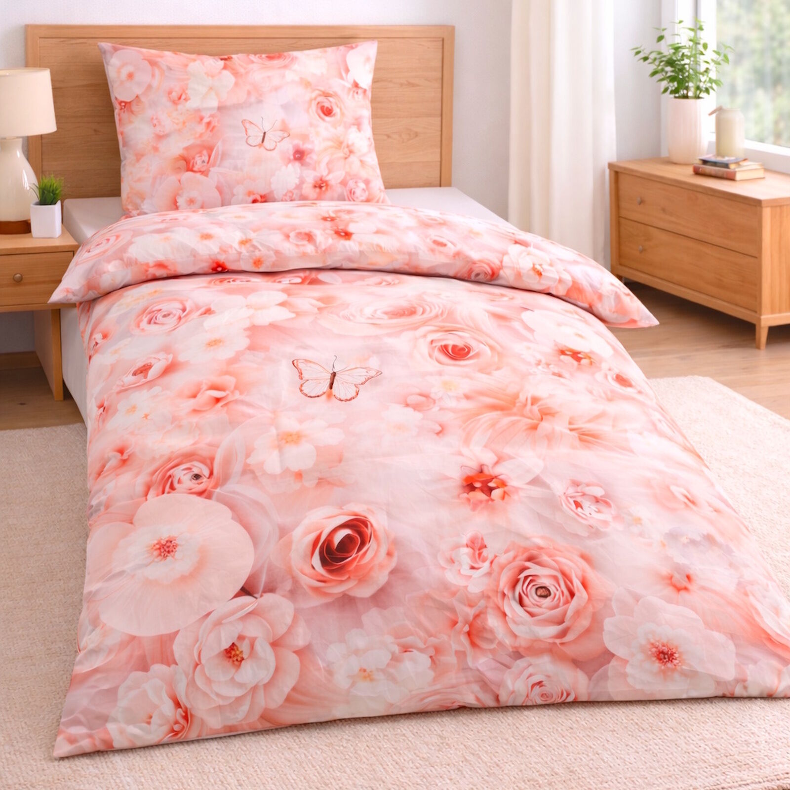 Bettwäsche 135x200 rosa Blumen Schmetterlinge Baumwolle