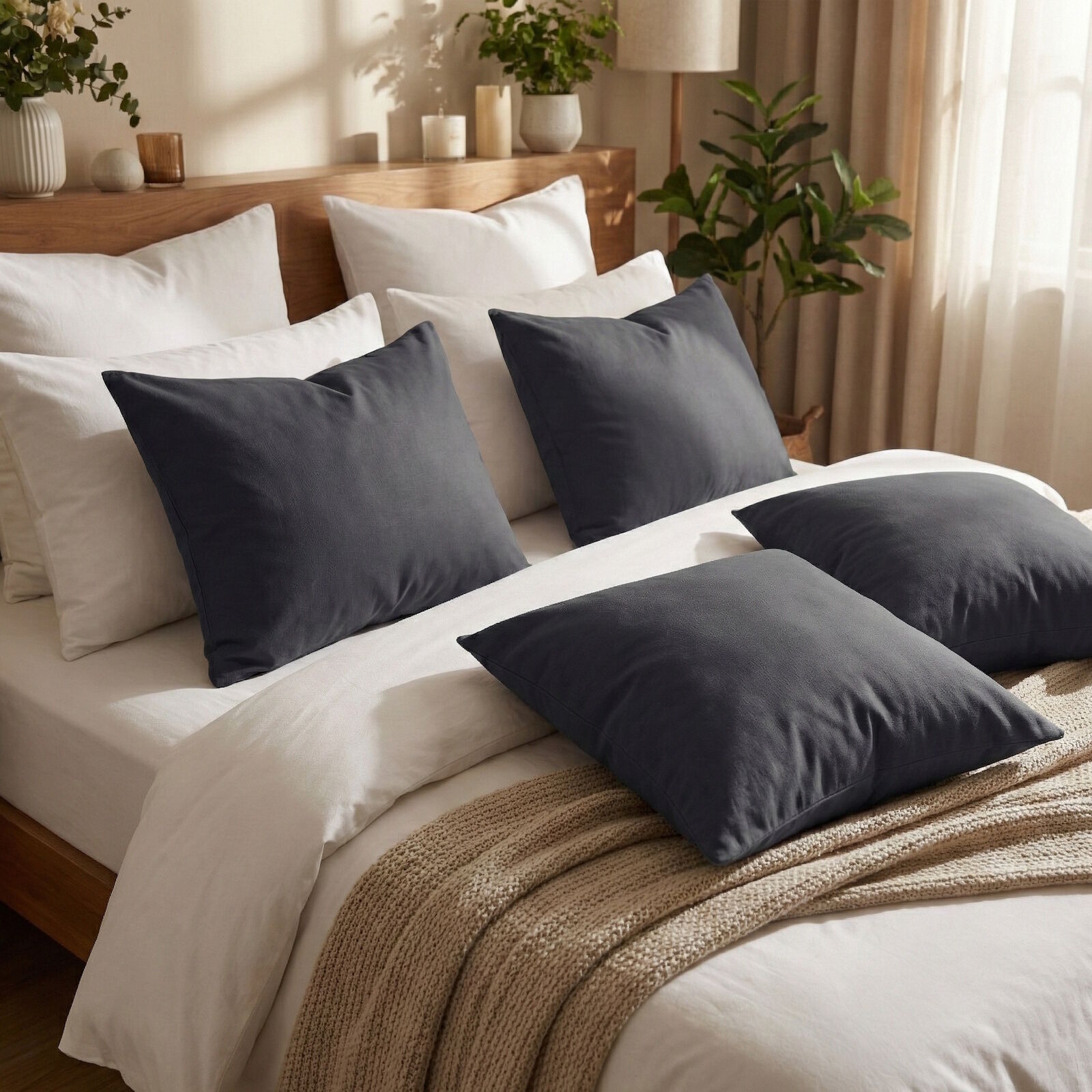 4er Pack Kissenbezüge 30x30 Dunkelgrau Uni Baumwolle Linon Reißverschluss