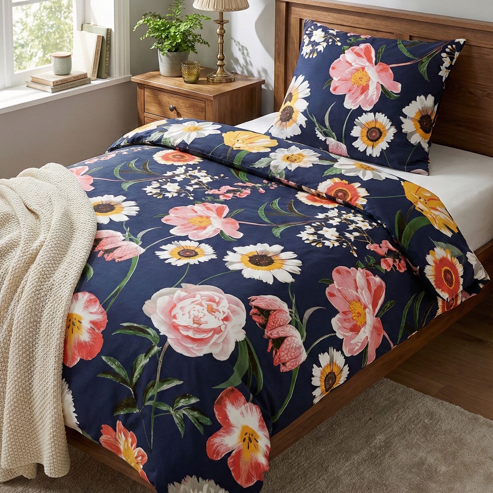 Blumen Bettwäsche Dunkelblau Sommerblüten 135x200 Renforcé