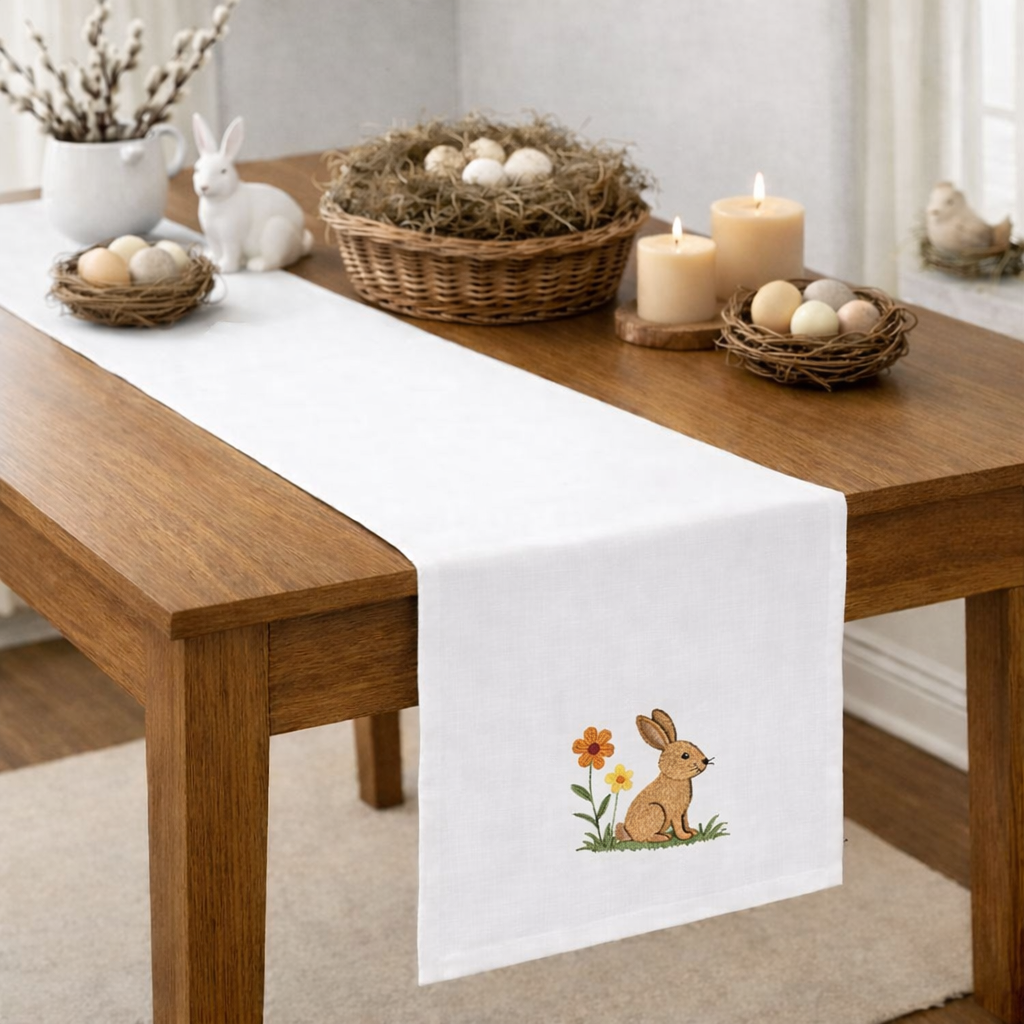Tischläufer Mitteldecke Ostern – Runde Tischdecke, 30 Cm, Weiß Mit 42 Gestickten Hasen-Motiven – Deko Für Den Ostertisch