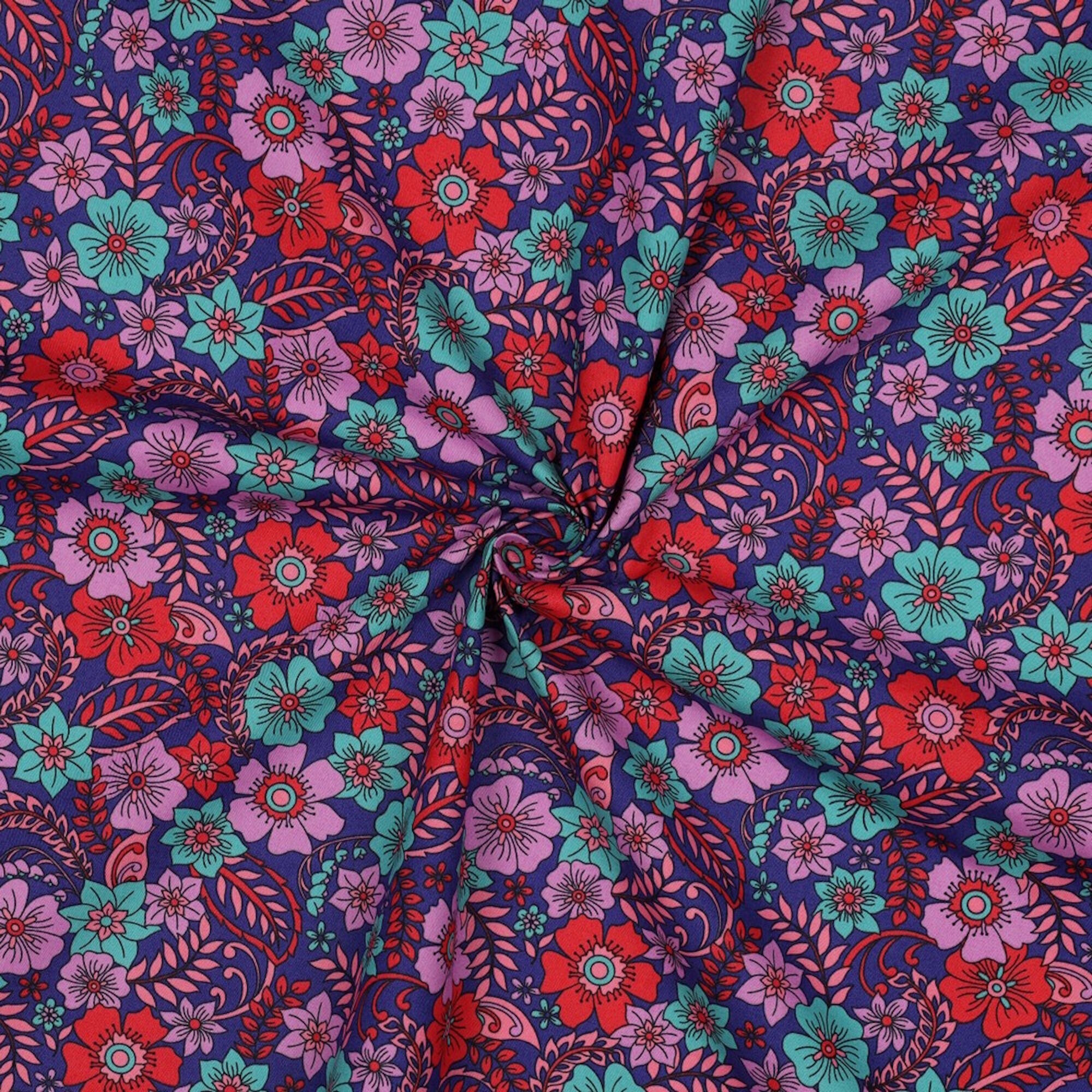 Stoff Meterware Blumen Alisha Blau Baumwolle