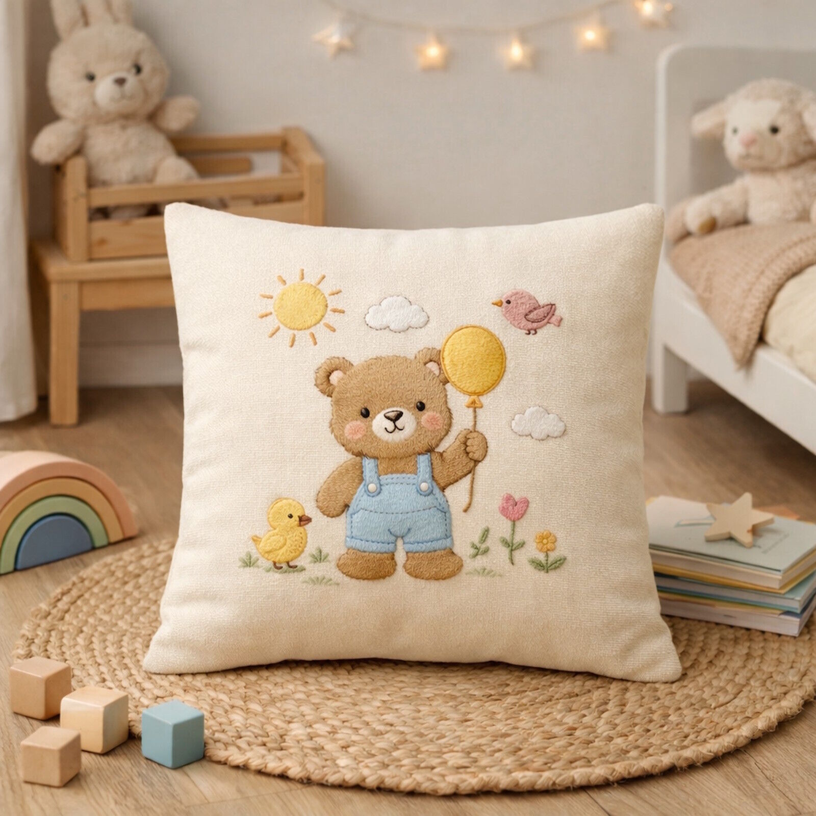 Kinderkissen 40x40 Bär Küken Ballon bestickt Baumwolle
