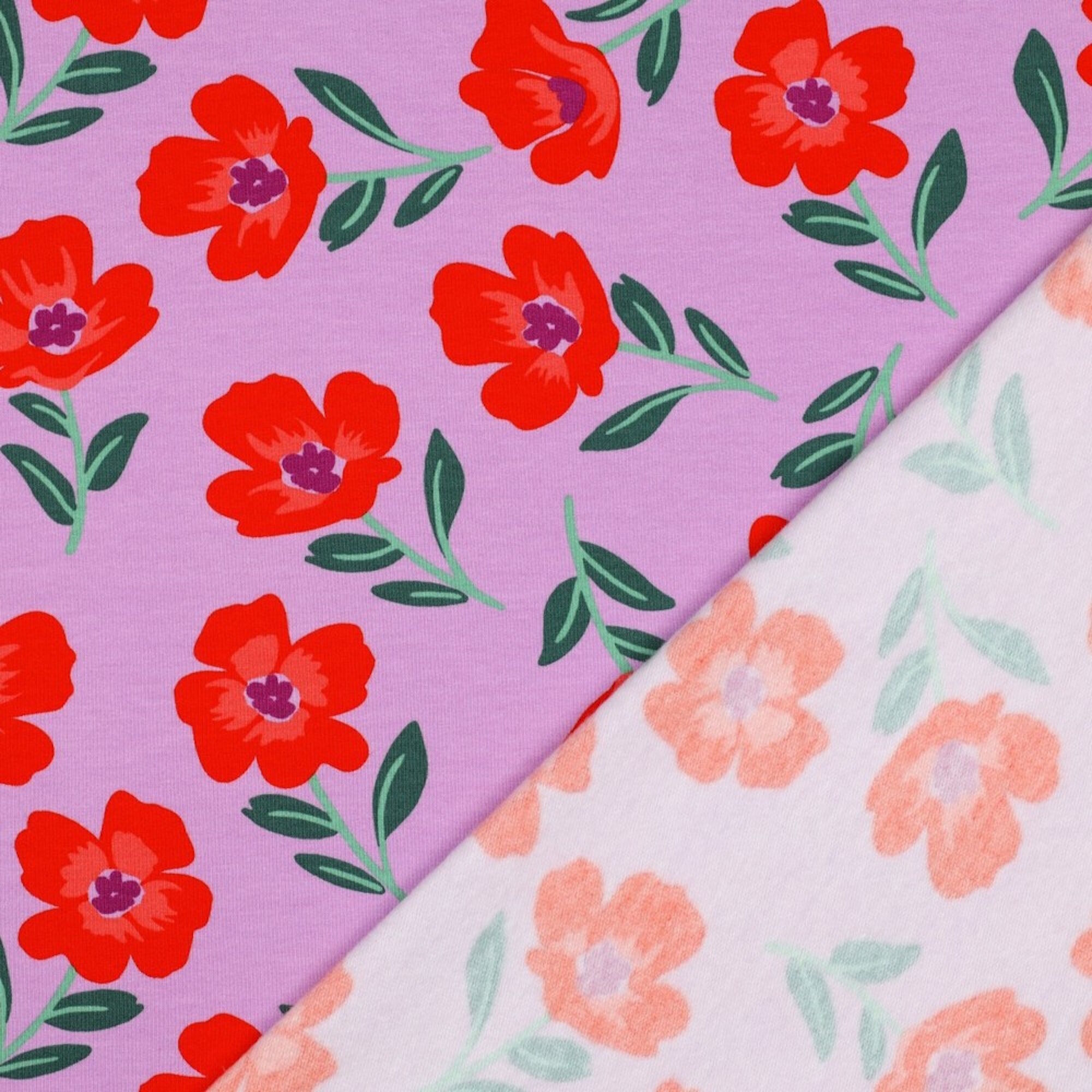 Stoff Meterware großes Blumenmuster auf Lila Soft Sweat