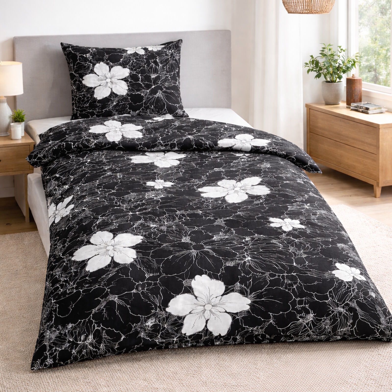 Blumen Bettwäsche 135x200 Weiß Schwarz Baumwolle