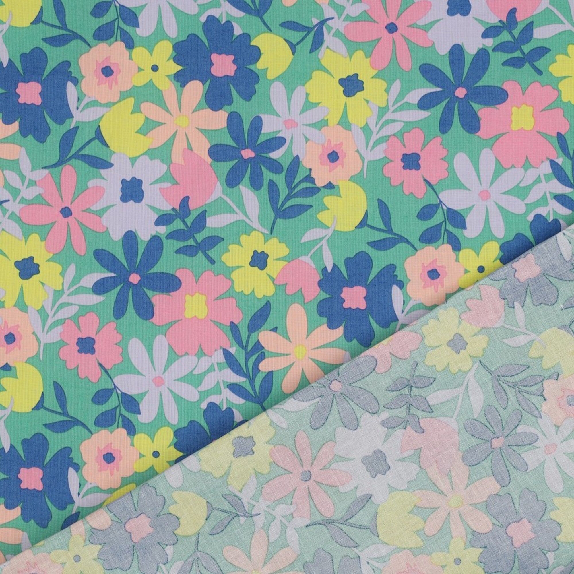 Stoff Meterware Bunte Blumen auf Grün Beschichtet