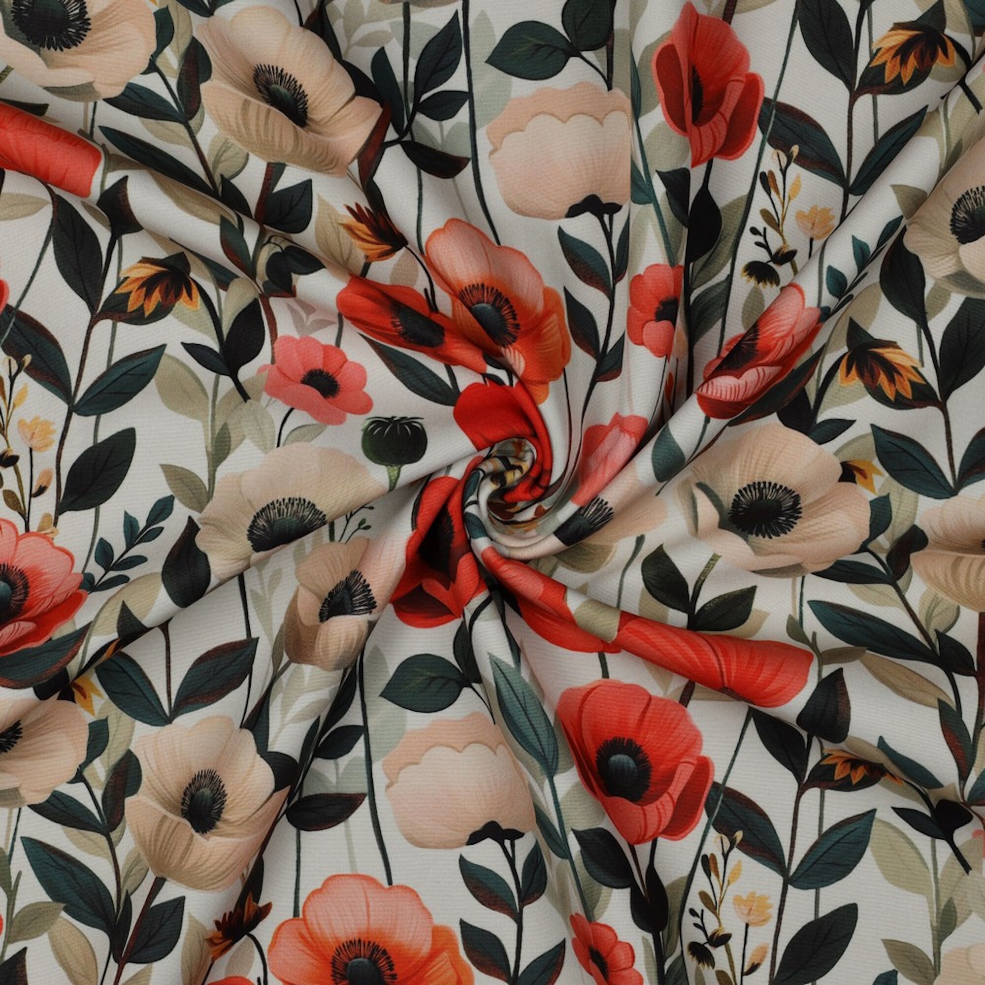 Stoff Meterware Mohnblumen auf Weiß Softshell