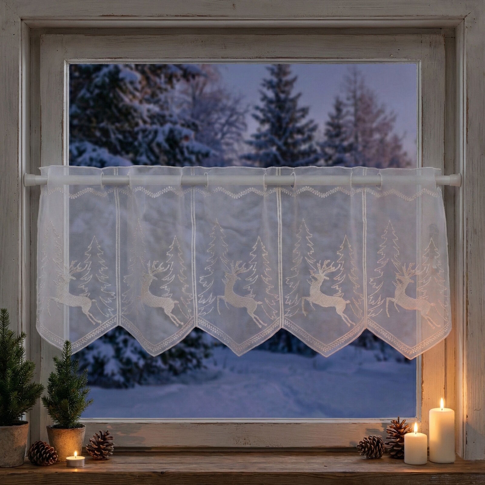 Scheibengardine Hirsch im Wald Weiß 30 cm Meterware