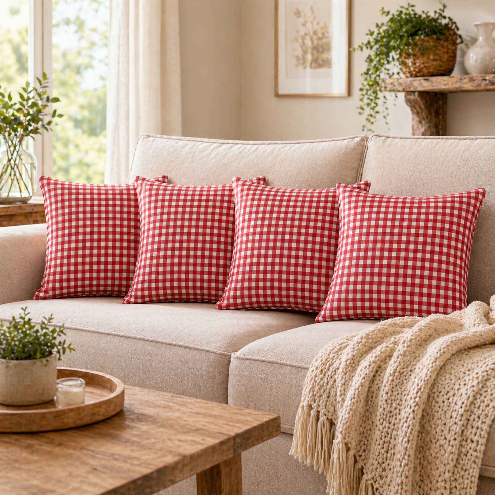 Kissenbezug Kariert Rot 4er Set Baumwolle Landhausstil
