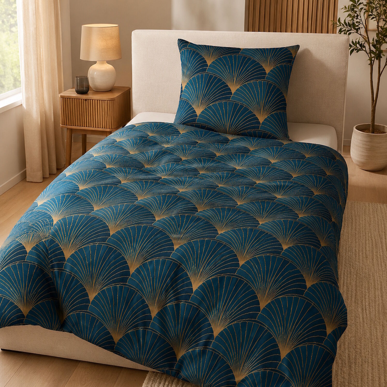 Bettwäsche Fächer Petrol Gold 135x200 Baumwolle