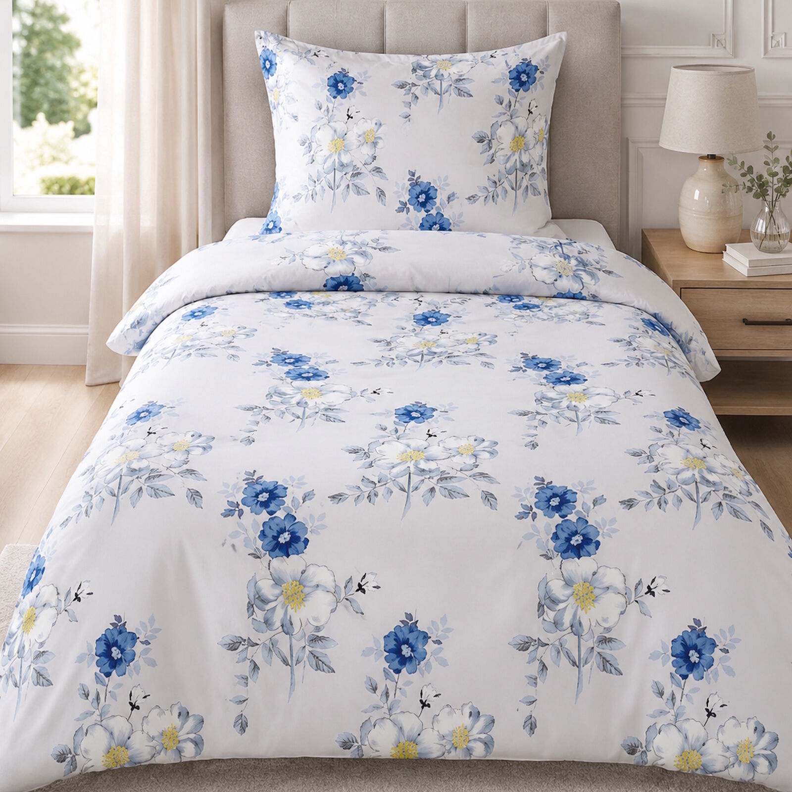 Bettwäsche Blumen Blau Grau 135x200 Baumwolle