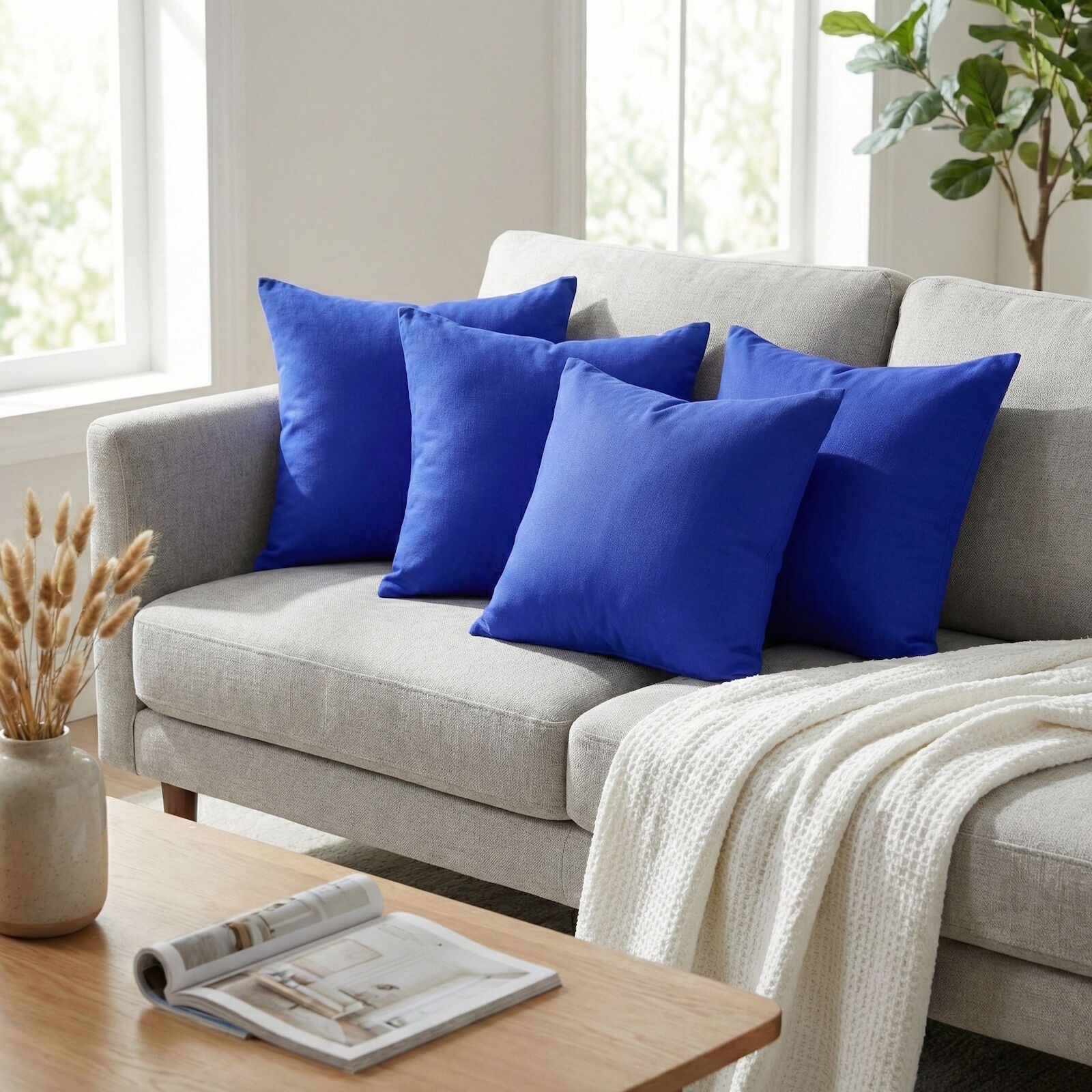 4er Pack Kissenbezüge 30x30 Blau Uni Baumwolle Linon Reißverschluss