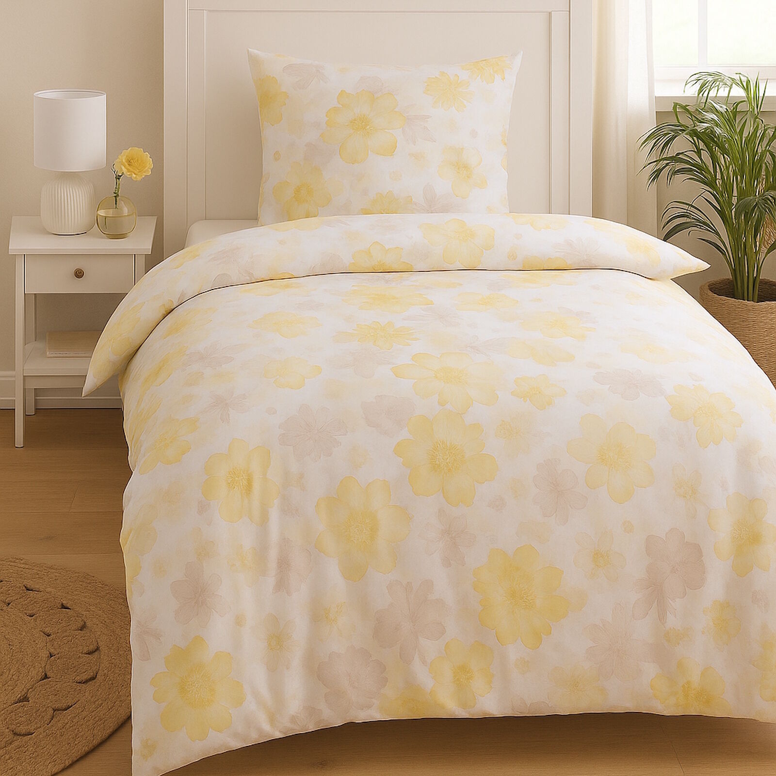 Mako Satin Bettwäsche 135x200 Blumen Gelb