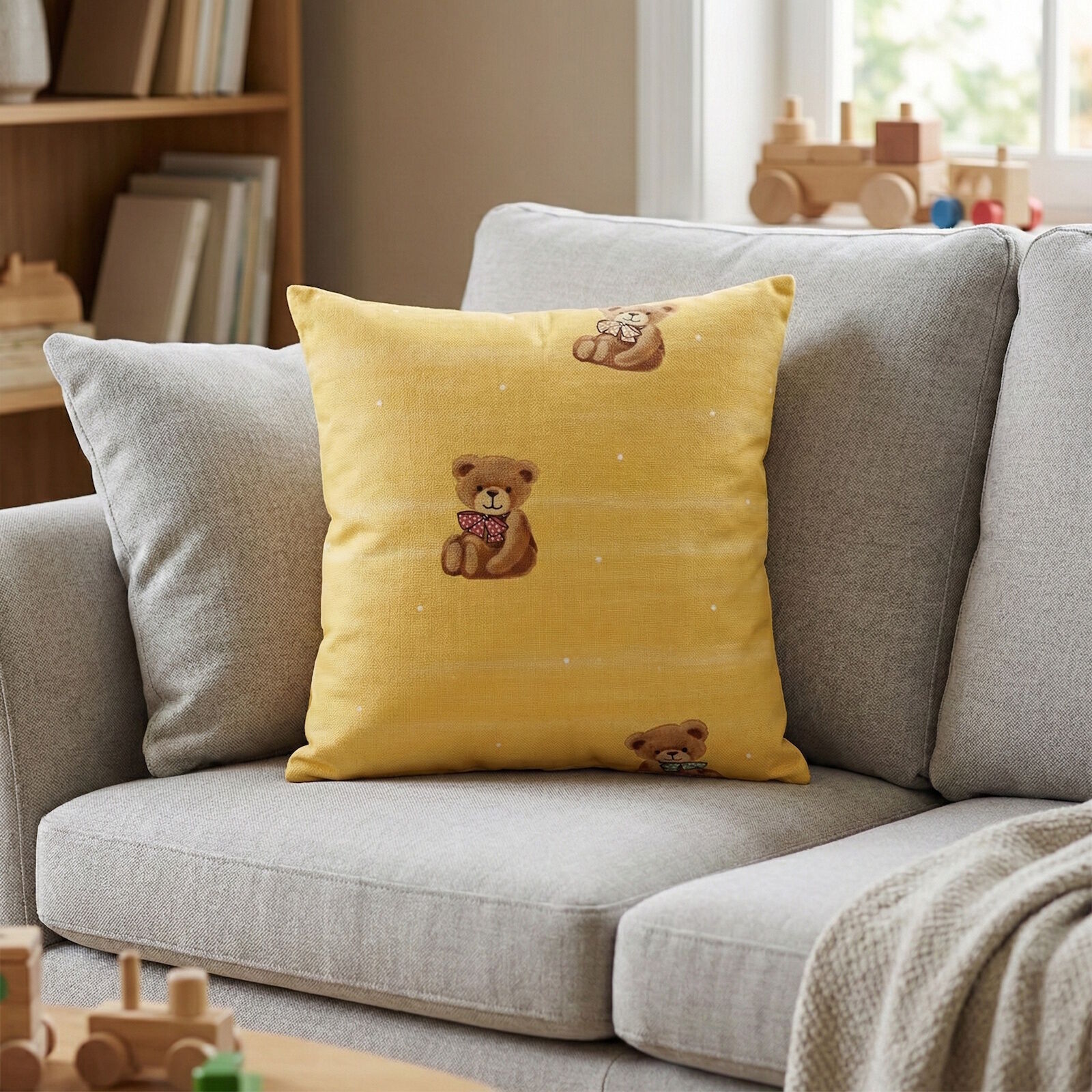 Kinder Kissenbezug 40x40 Teddy Gelb Baumwolle