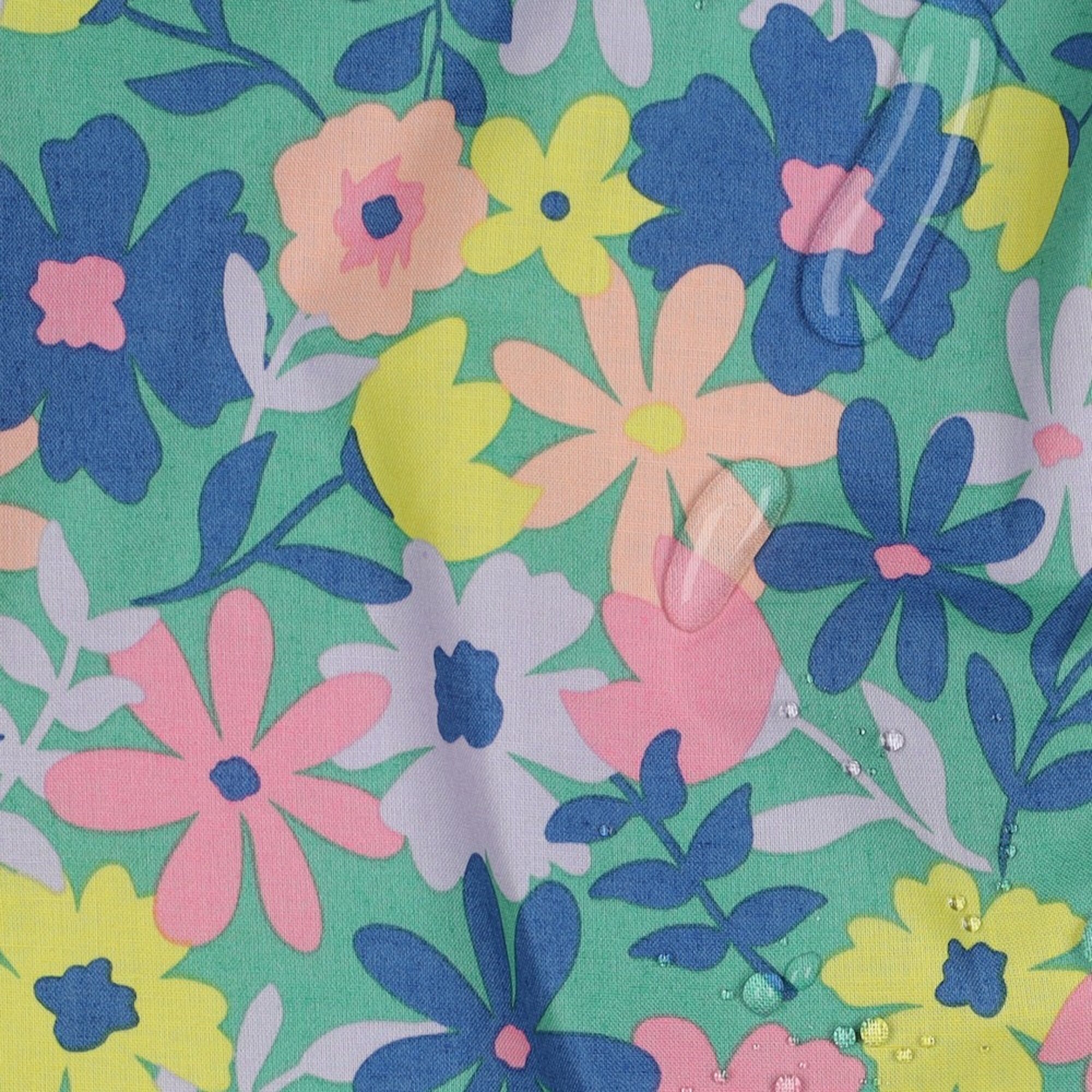 Stoff Meterware Bunte Blumen auf Grün Beschichtet
