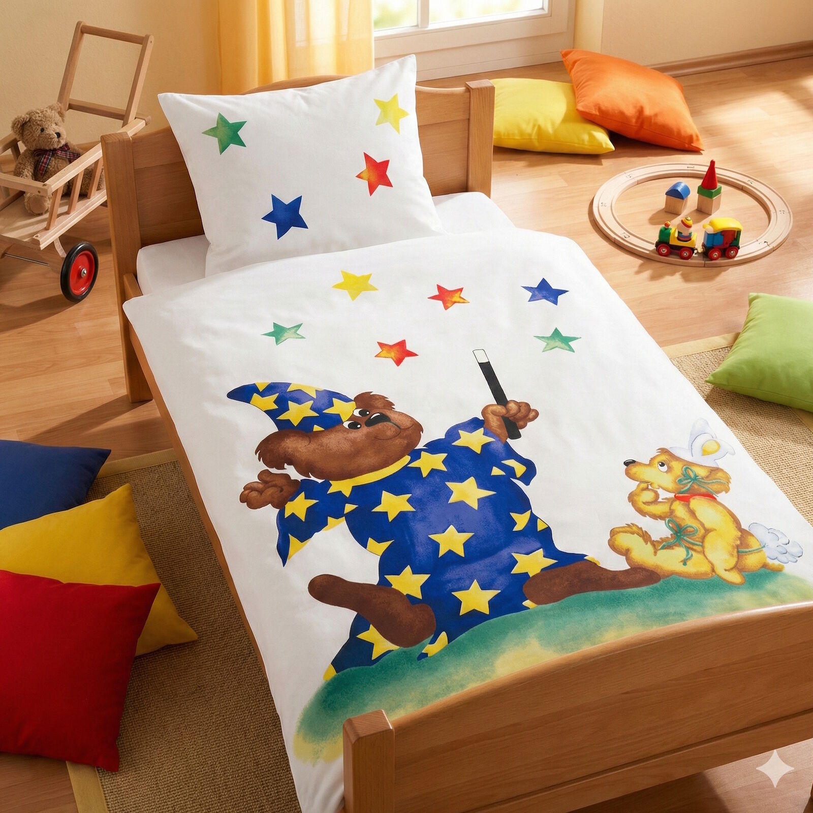 Kinderbettwäsche Zauberbär Sterne Satin Baumwolle