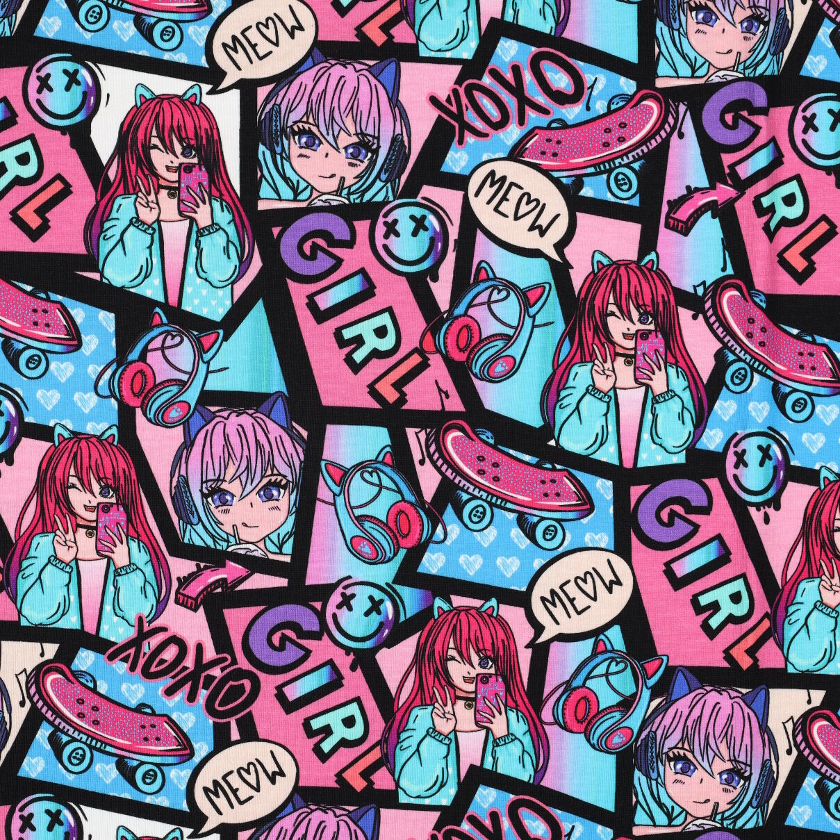 Stoff Meterware Manga Girl Blau Jersey