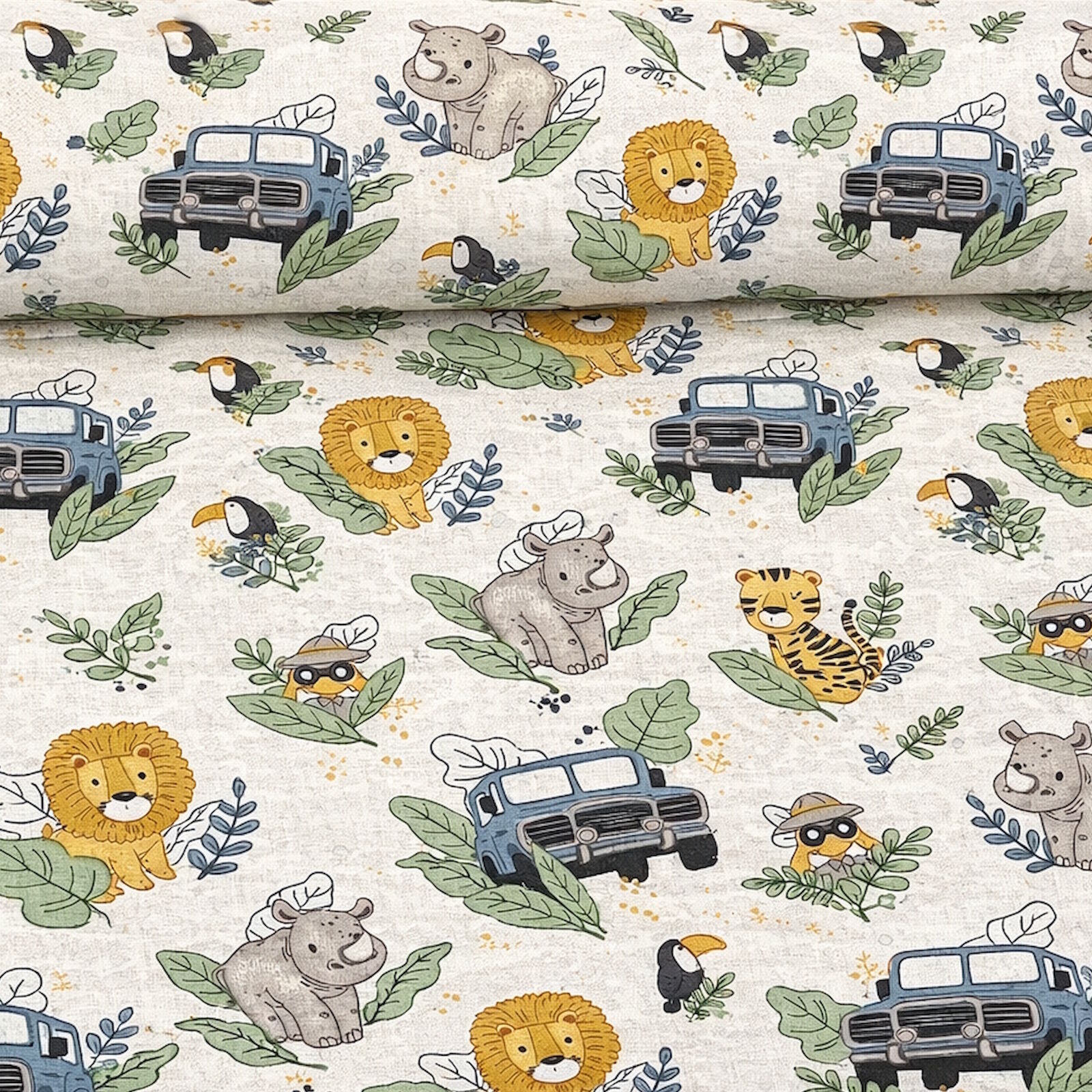 Stoff Kinder Safari Tiere Auto Weiß Geländewagen Meterware