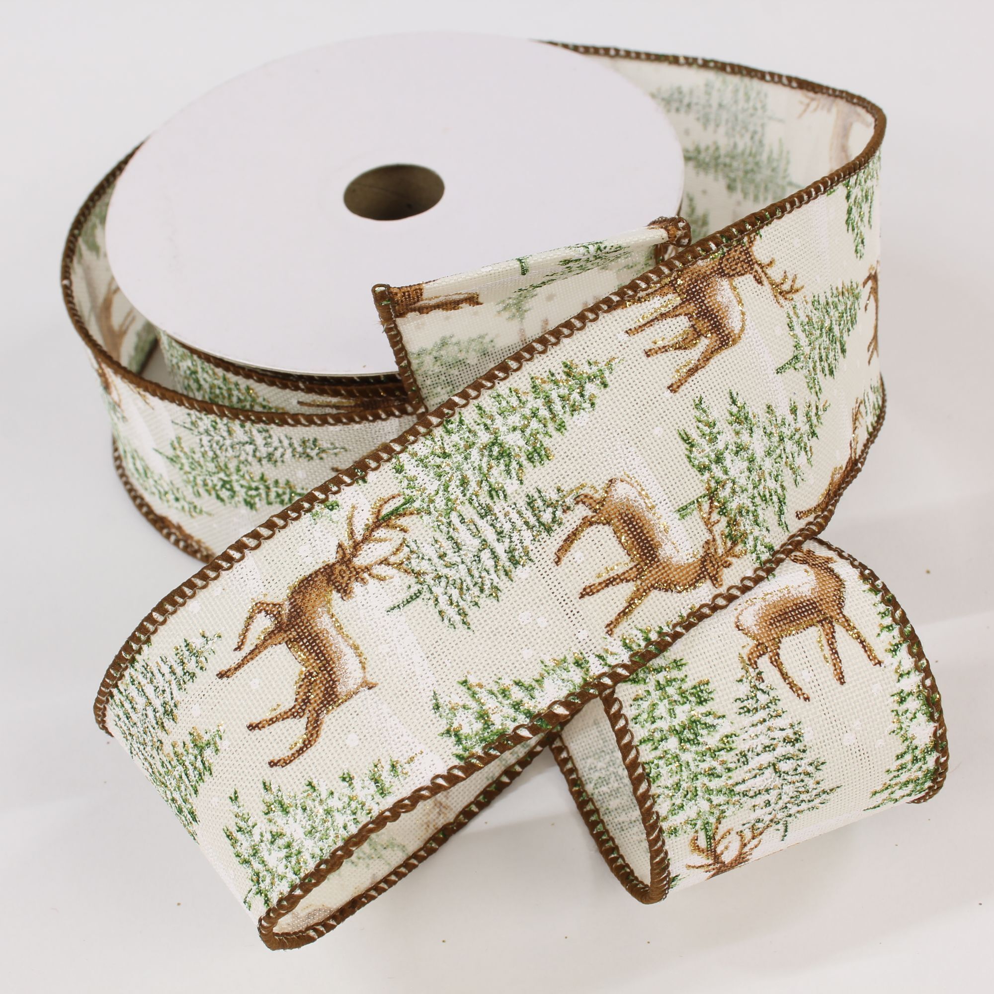 Dekoband Landhaus Winter Hirsch mit Draht 40 mm - 10 Meter