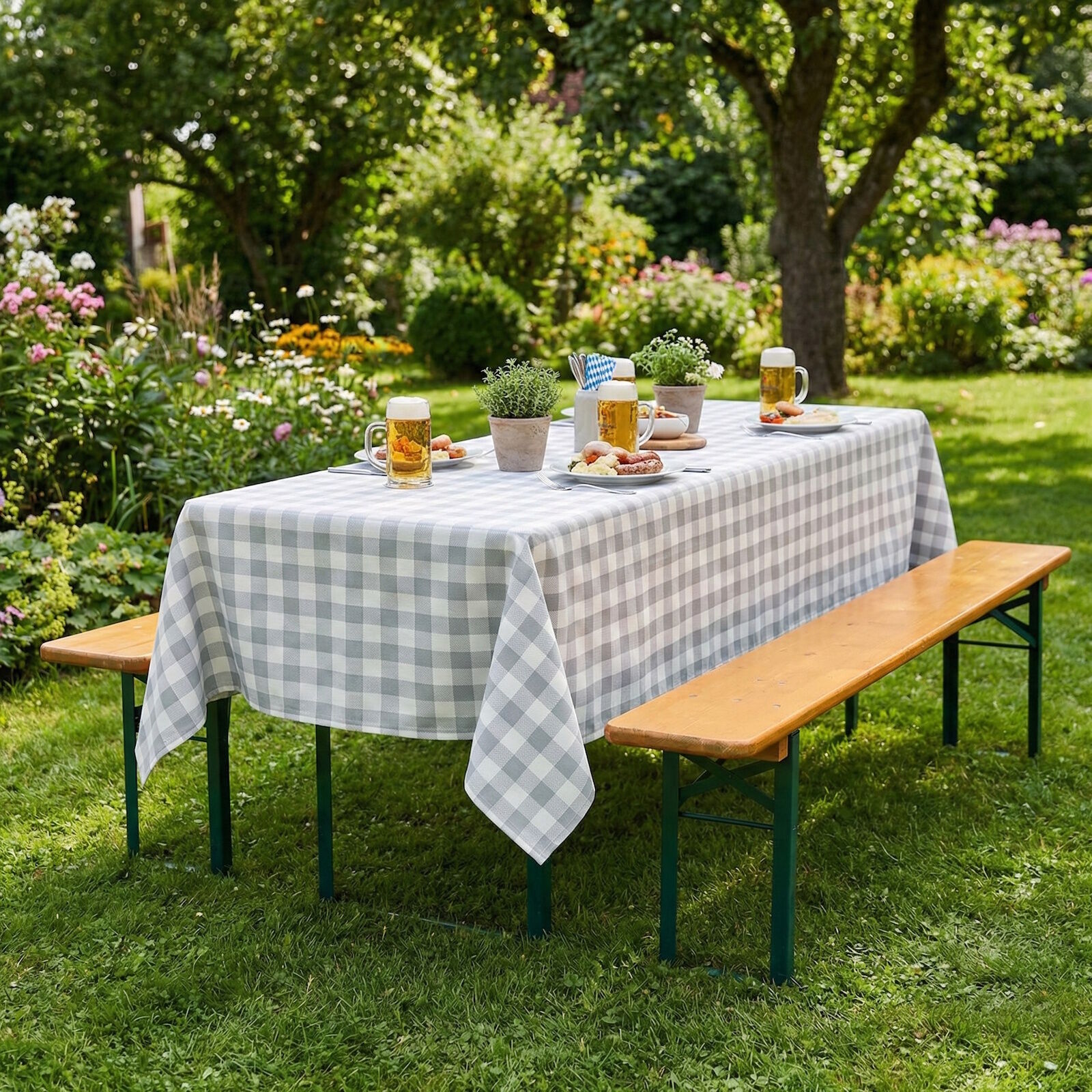 Wetterfeste Biertisch Tischdecke Karo 80x250 Weiß Grau Dralon