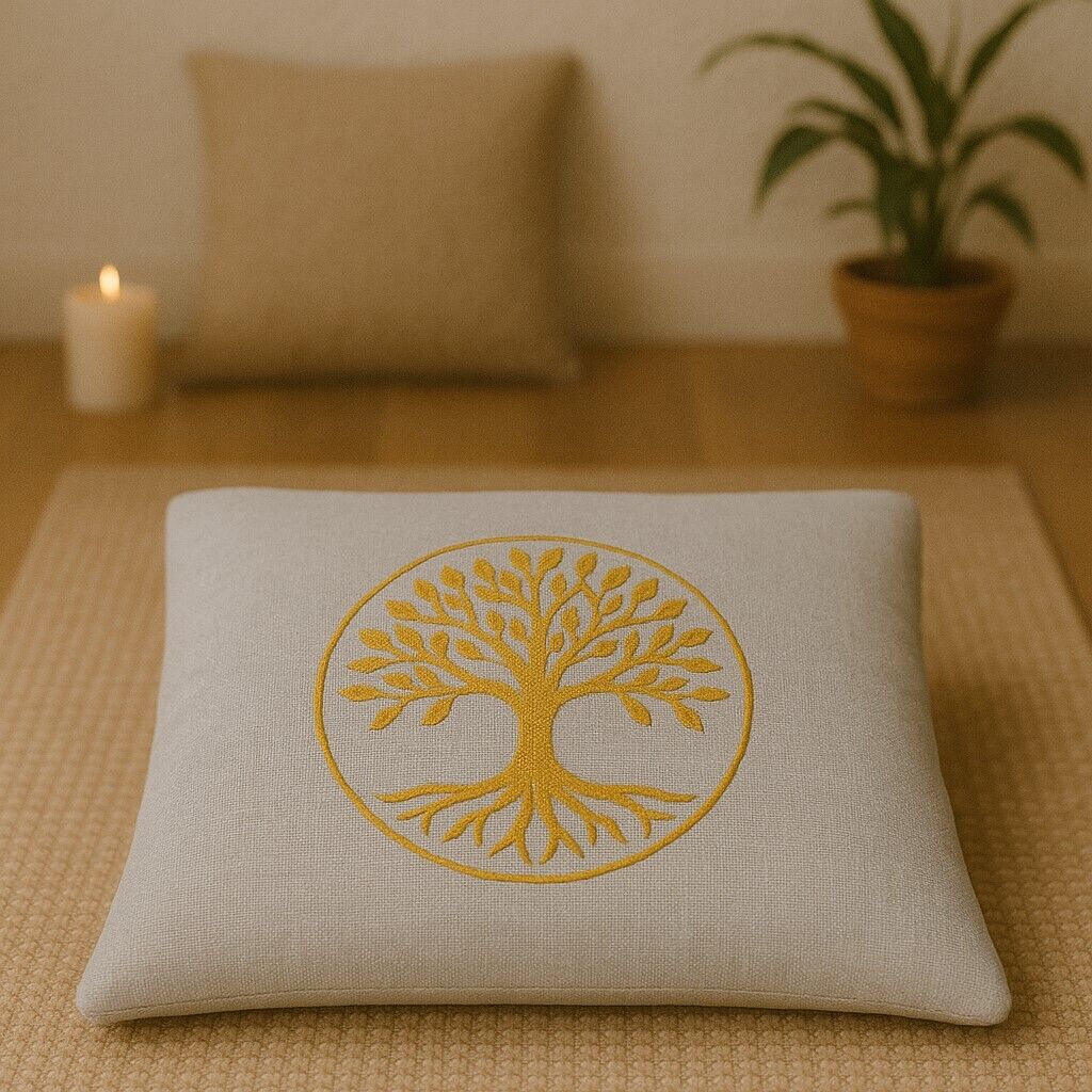 Yoga Meditationskissen Lebensbaum Canvas 50x50 cm grau bestickt