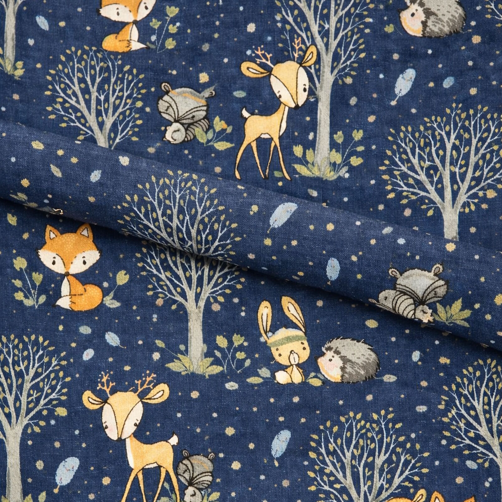 Kinder Stoff Süße Waldtiere Dunkelblau Baumwolle Meterware
