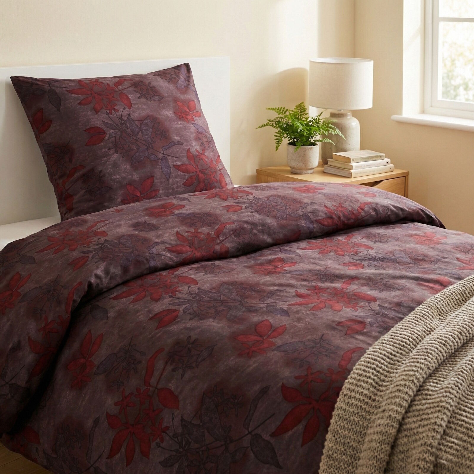 Mako Satin Bettwäsche 135x200 Pflanzen Blumen Anthrazit