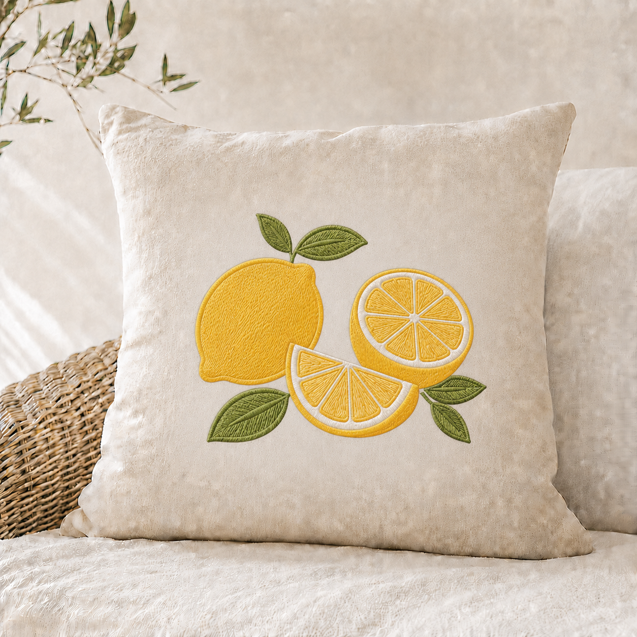 Kissen Zitrone Sommer Trend bestickt 40x40 cm beige Terrasse Garten Deko mediteran