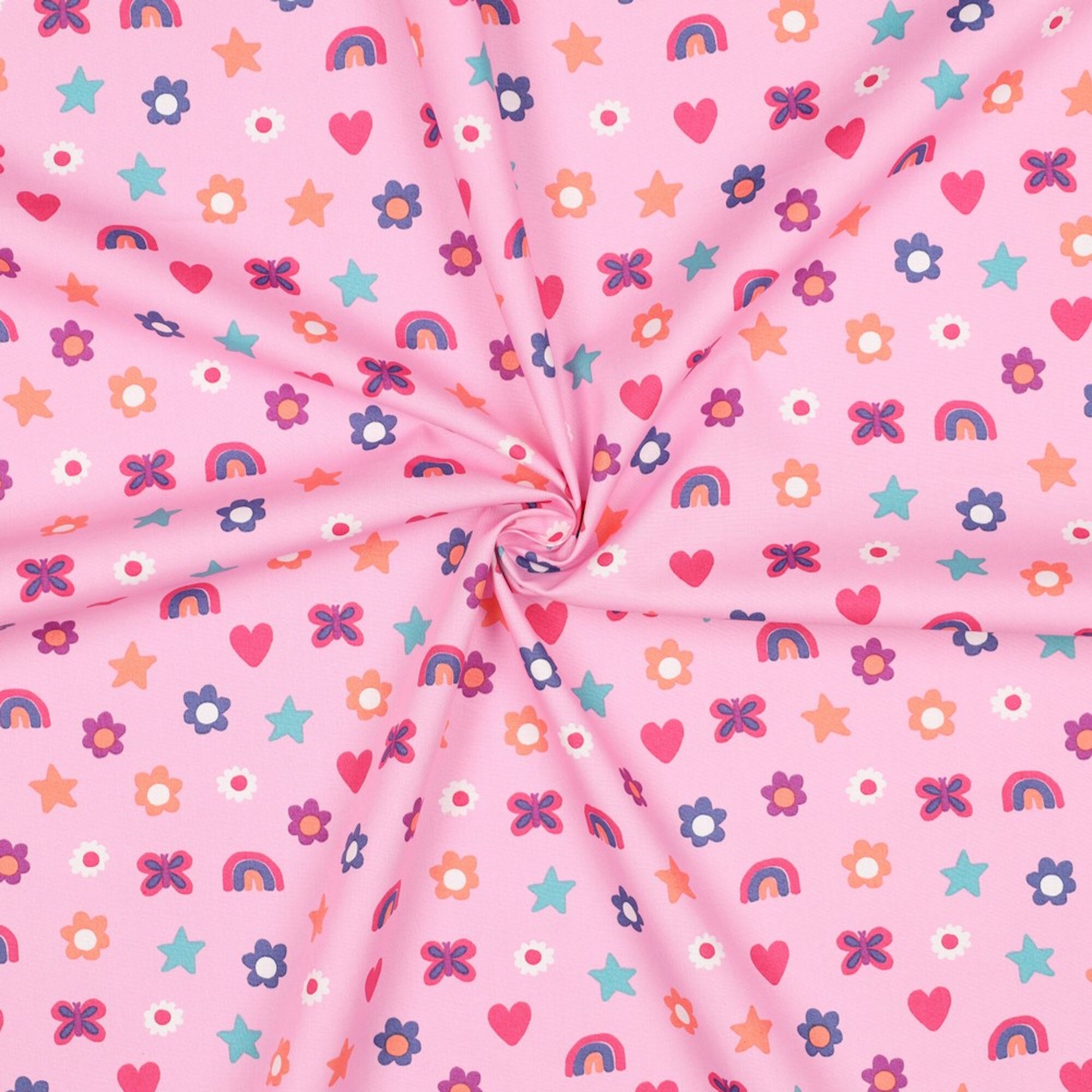 Stoff Meterware Regenbogen Blumen Stern Rosa Baumwolle