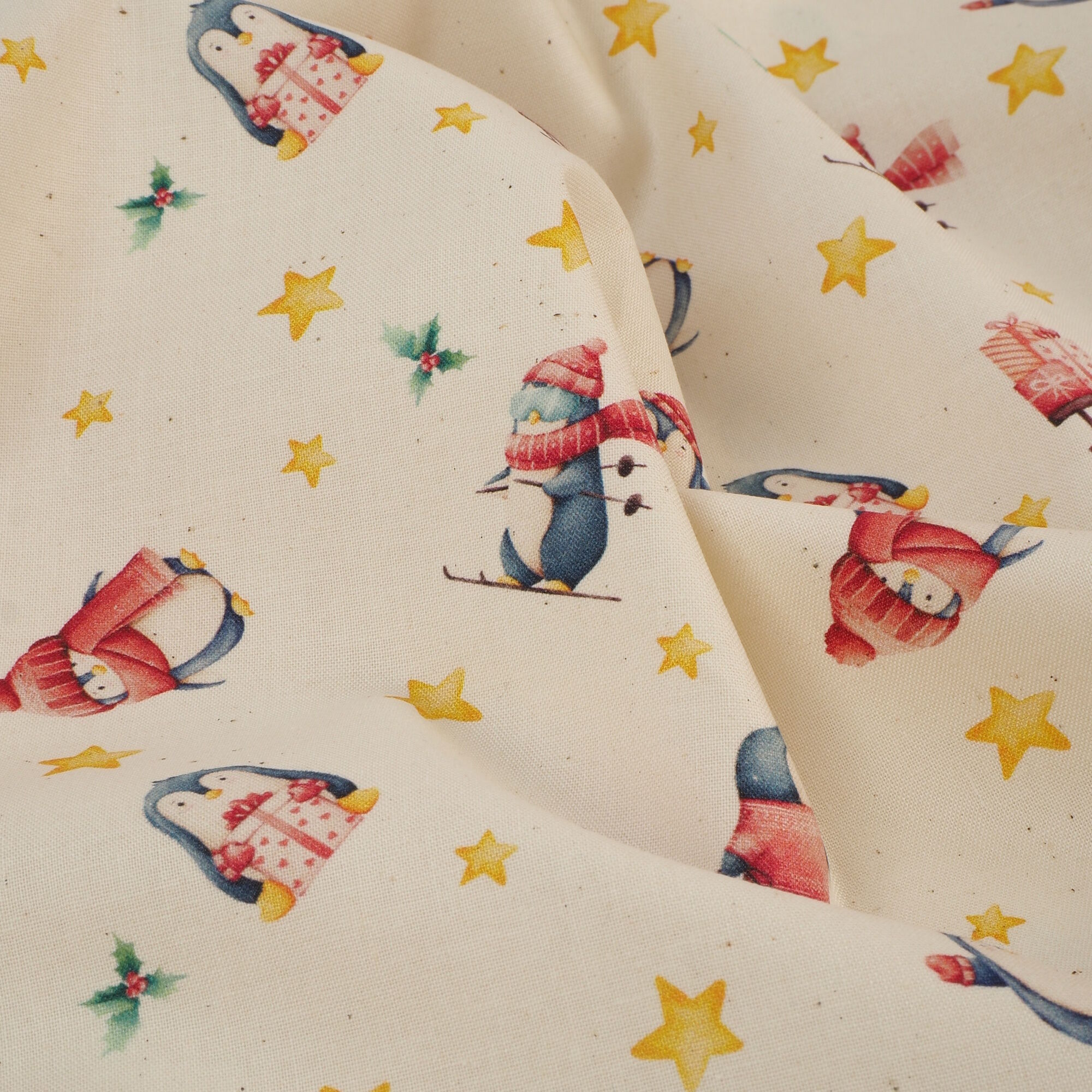 Stoff Meterware Pinguin Schlitten Ski Winter Baumwolle