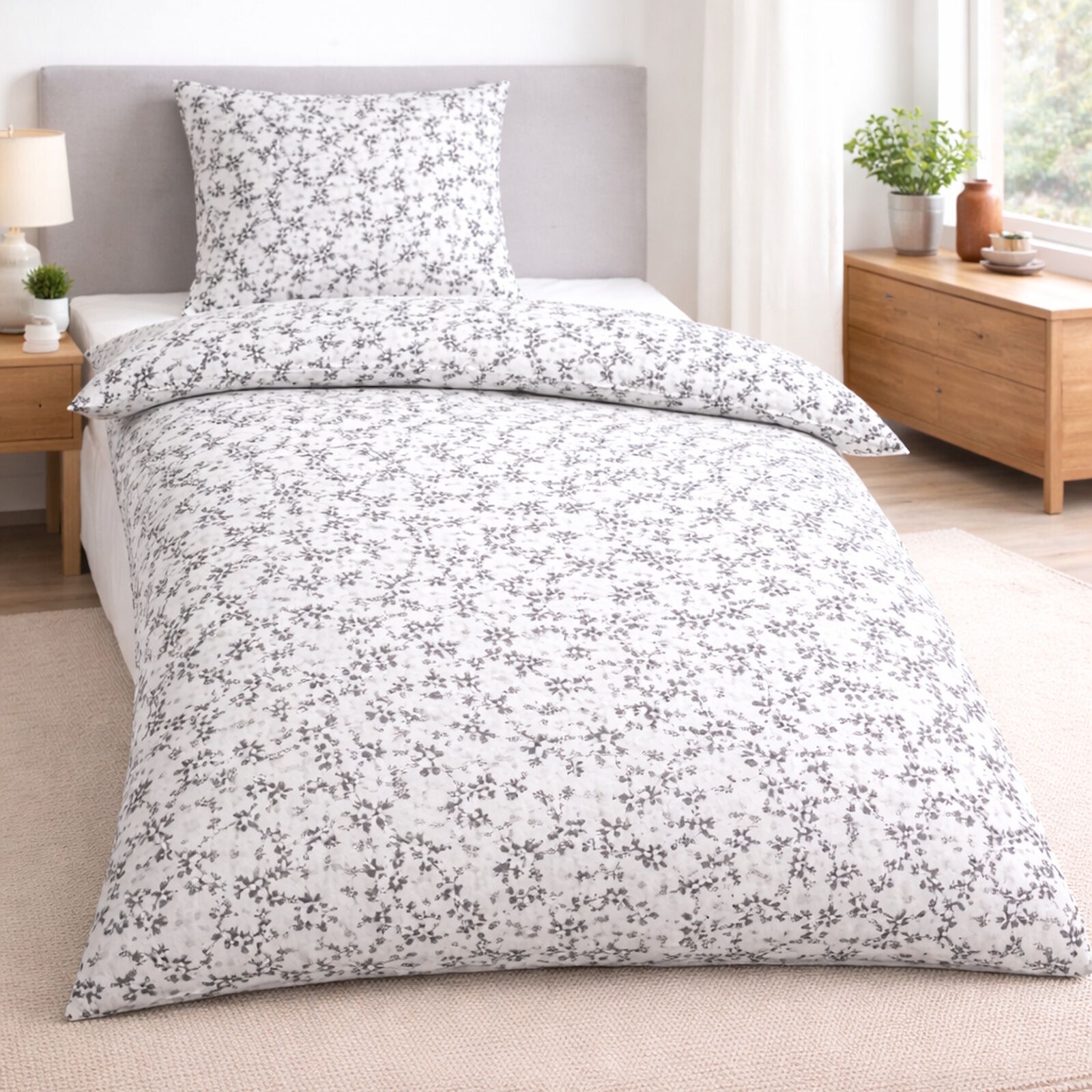 Bettwäsche 135x200 Blumen schwarz weiß Baumwolle