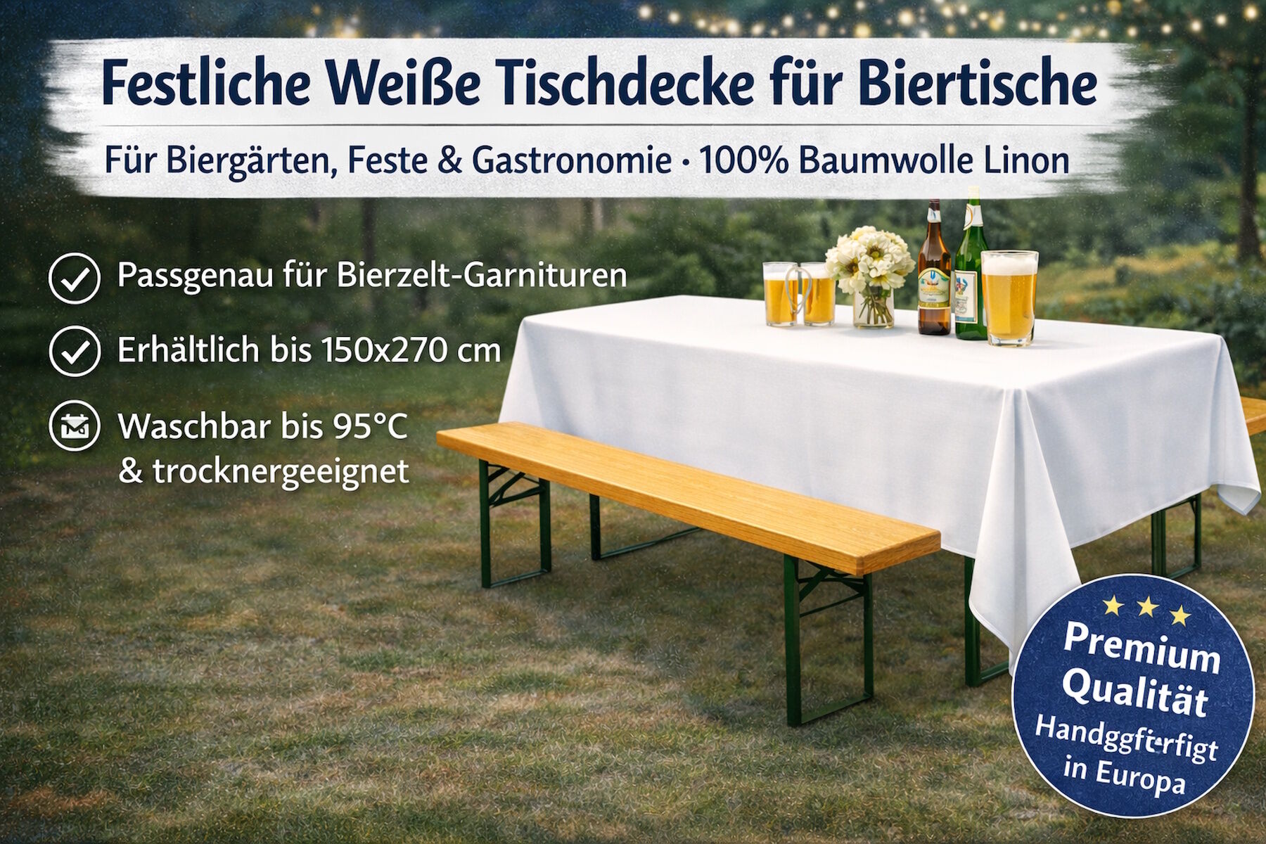 Weiße Biertisch-Tischdecke: Größe, Überhang & Pflege (95°C)
