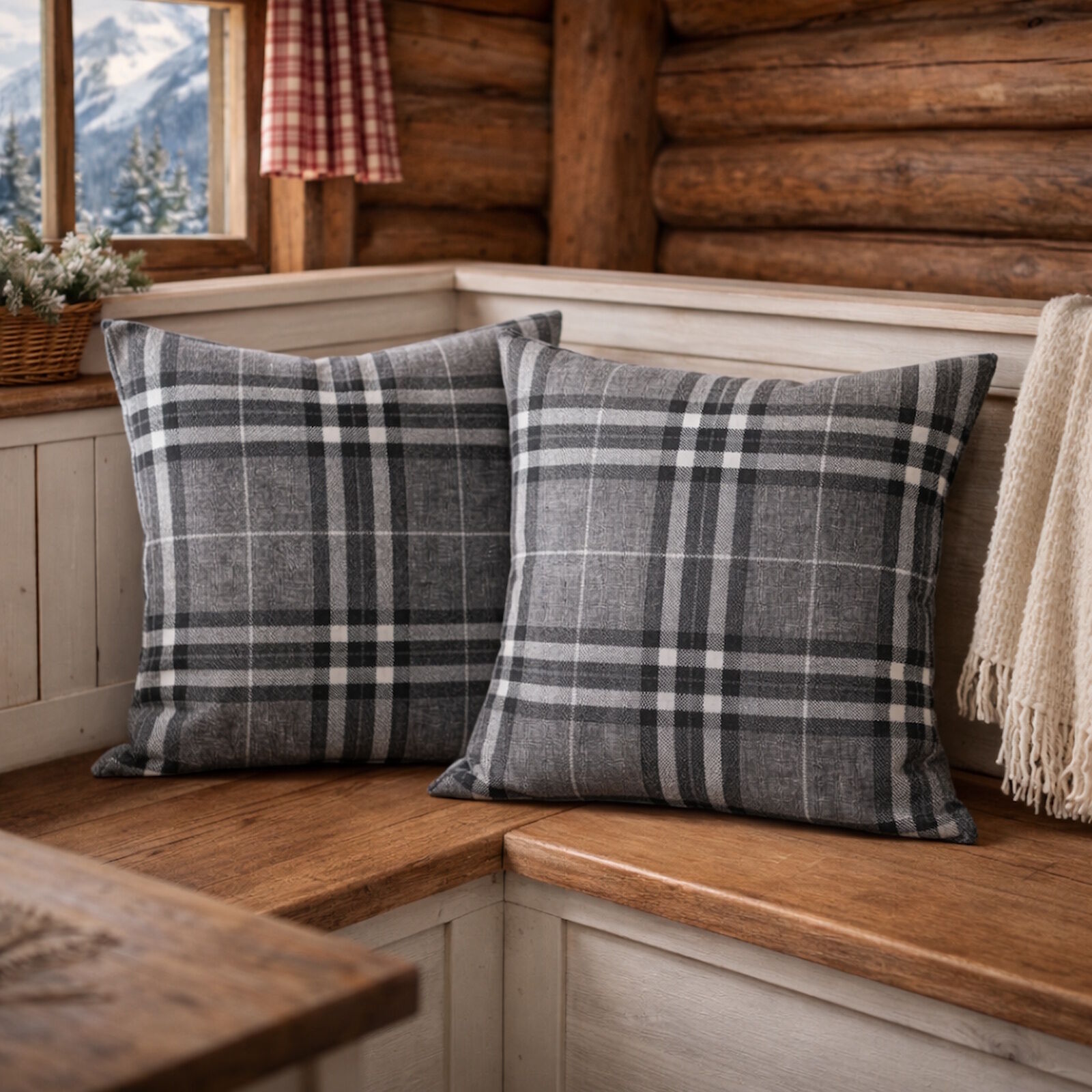 Landhaus Kissenbezug Grau Tartan Karo 2er Set Reißverschluss