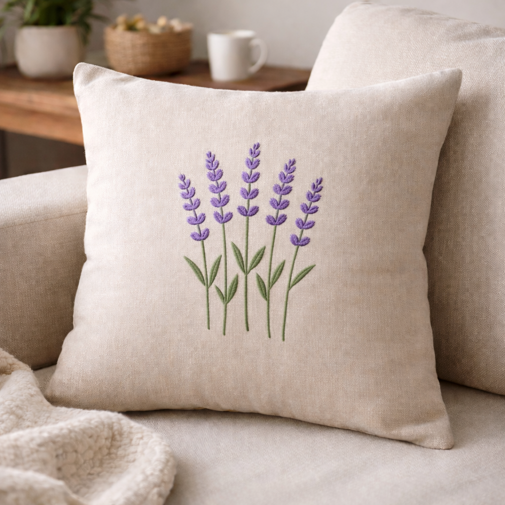 Kissen Landhaus Blumen Stickerei "Lavendel" 40x40 cm creme