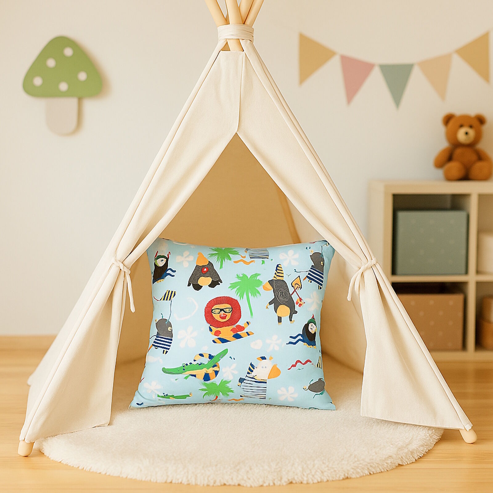 Kissenbezug 40x40 cm Rakete Tiere am Strand Hellblau Baumwolle