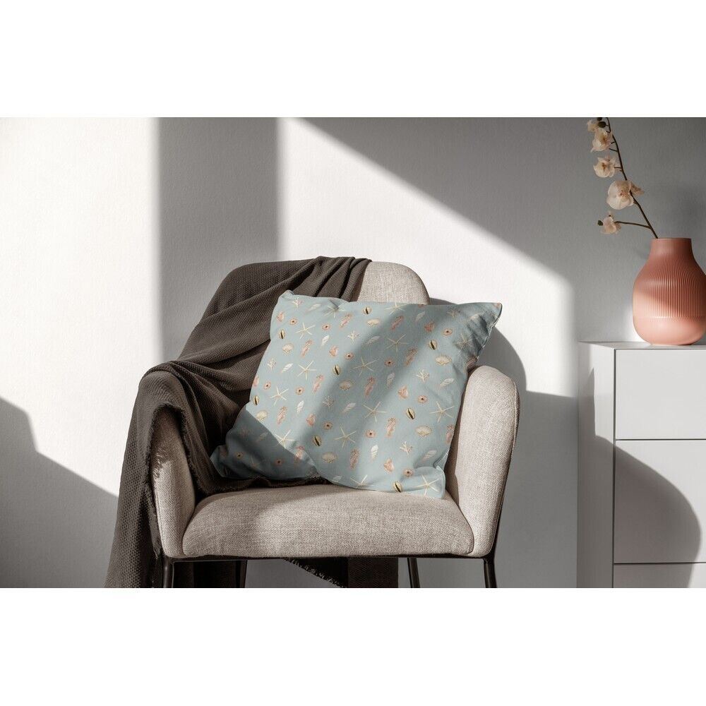 Stoff Meterware Muscheln Seepferdchen auf Weiß Canvas