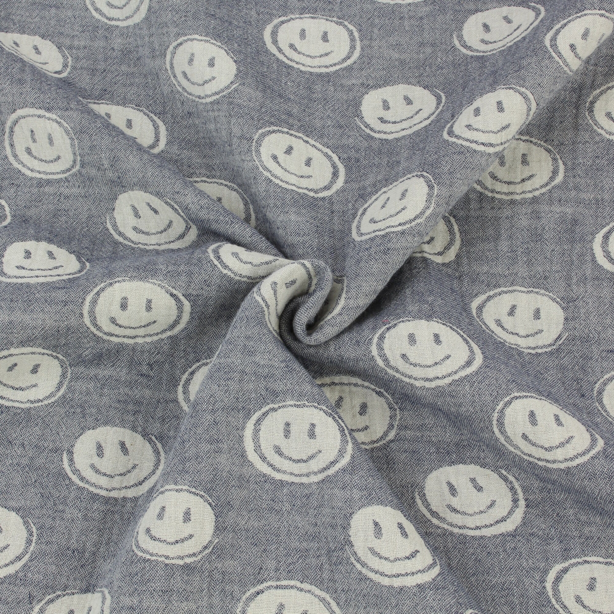Musselin Stoff Smiley Blau