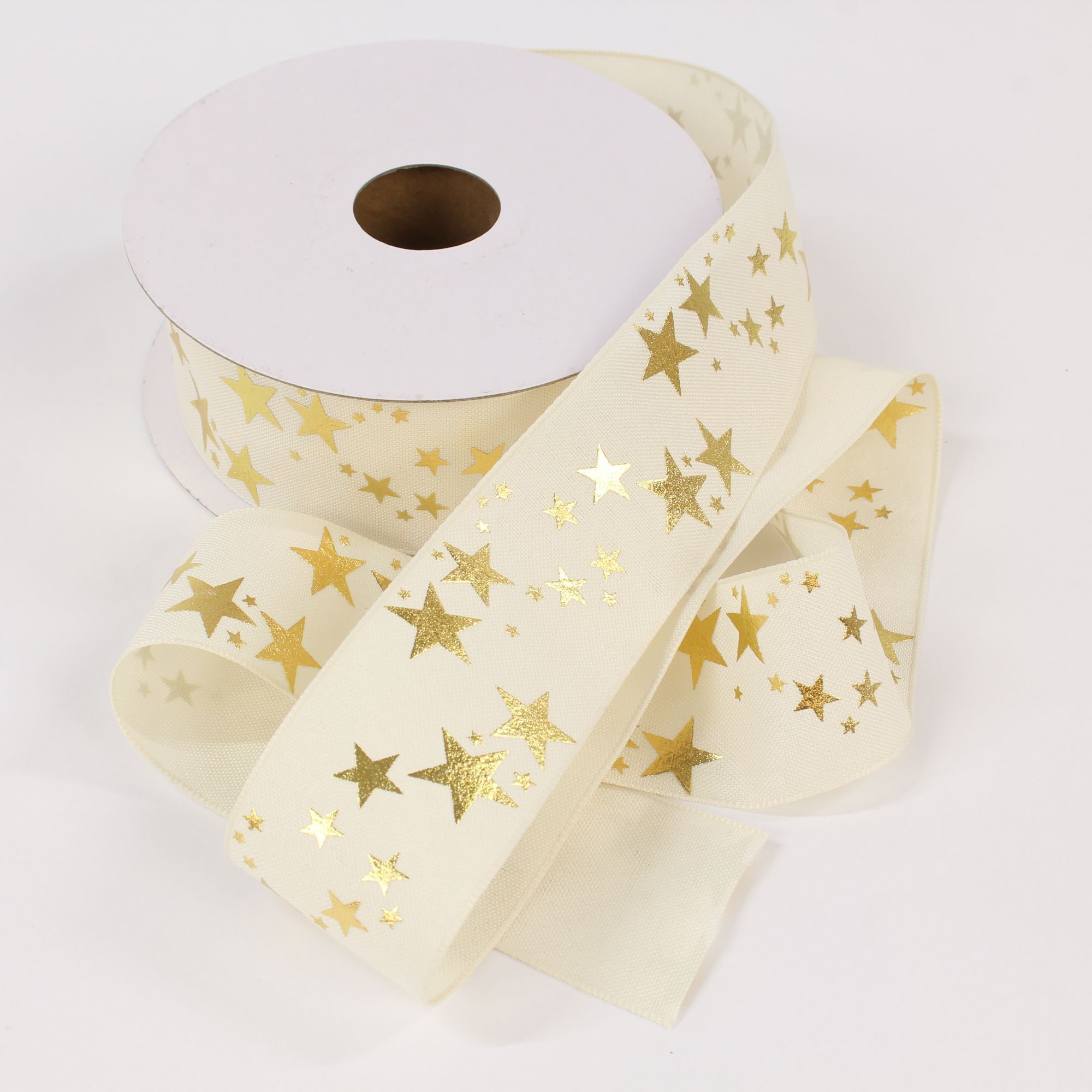 Dekoband Taft mit Sterne Weihnachten 40 mm creme - 20 Meter