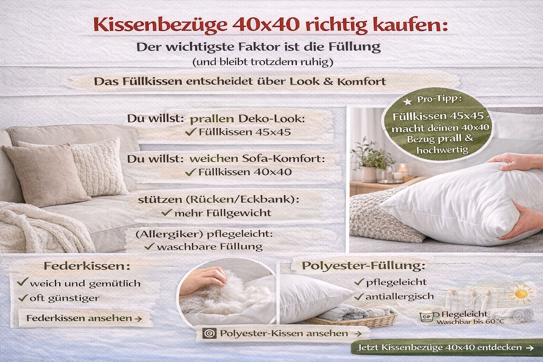 Kissenbezüge 40x40: die richtige Kissenfüllung (Feder vs. Hohlfaser)