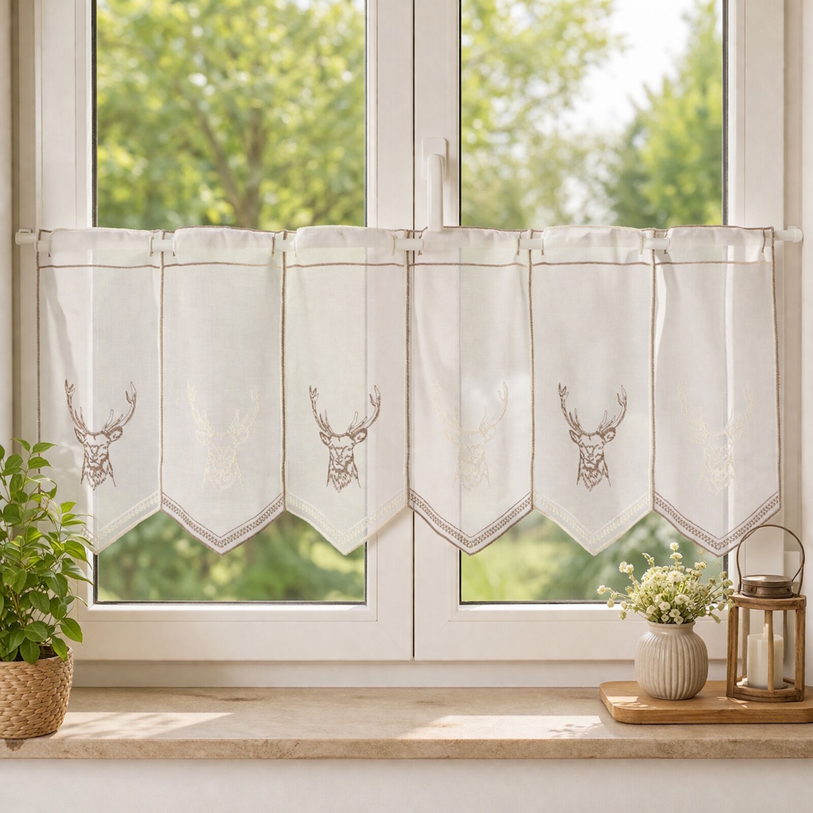 Scheibengardine Hirschkopf Creme Taupe  Meterware