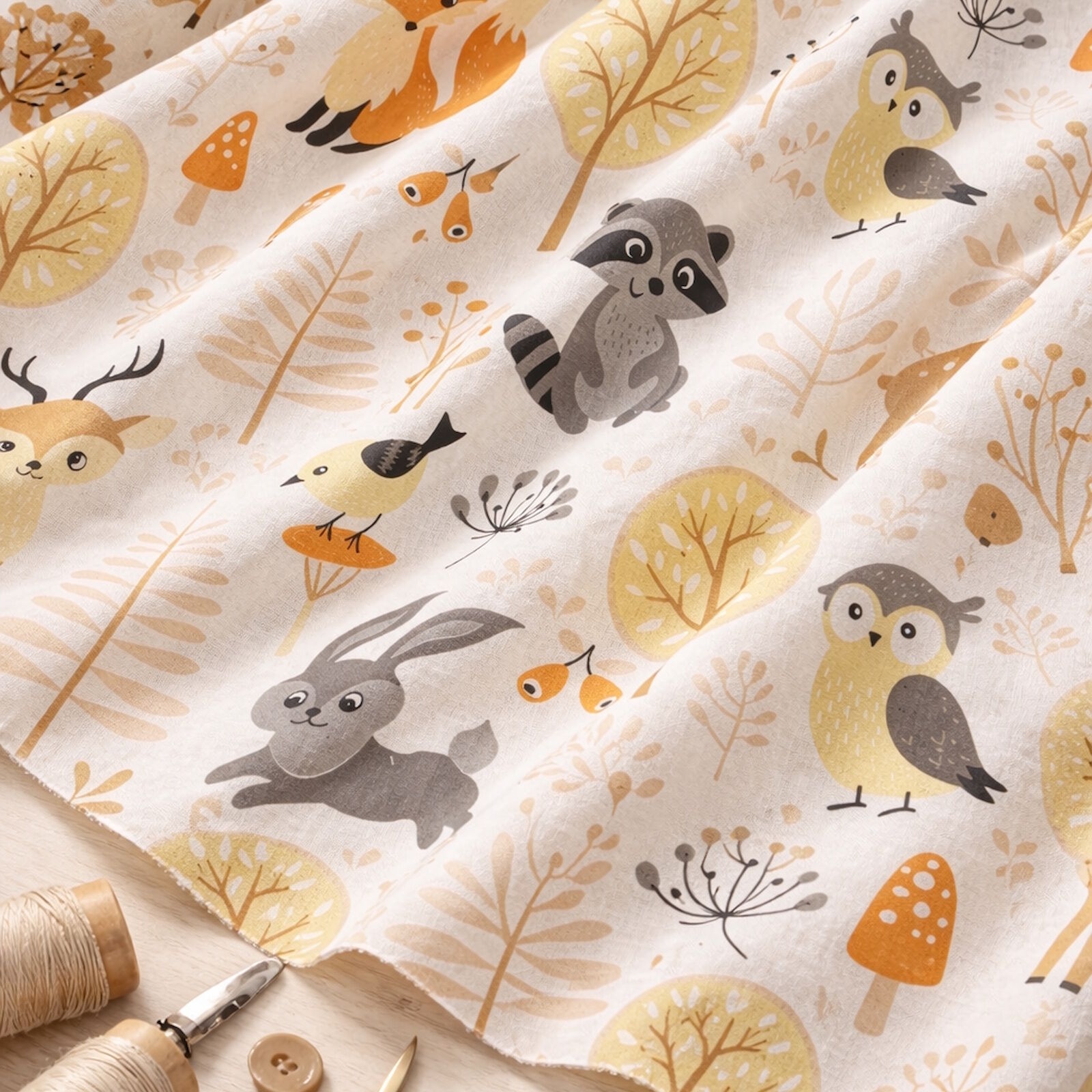 Stoff Baby Tiere im Wald Weiß Meterware