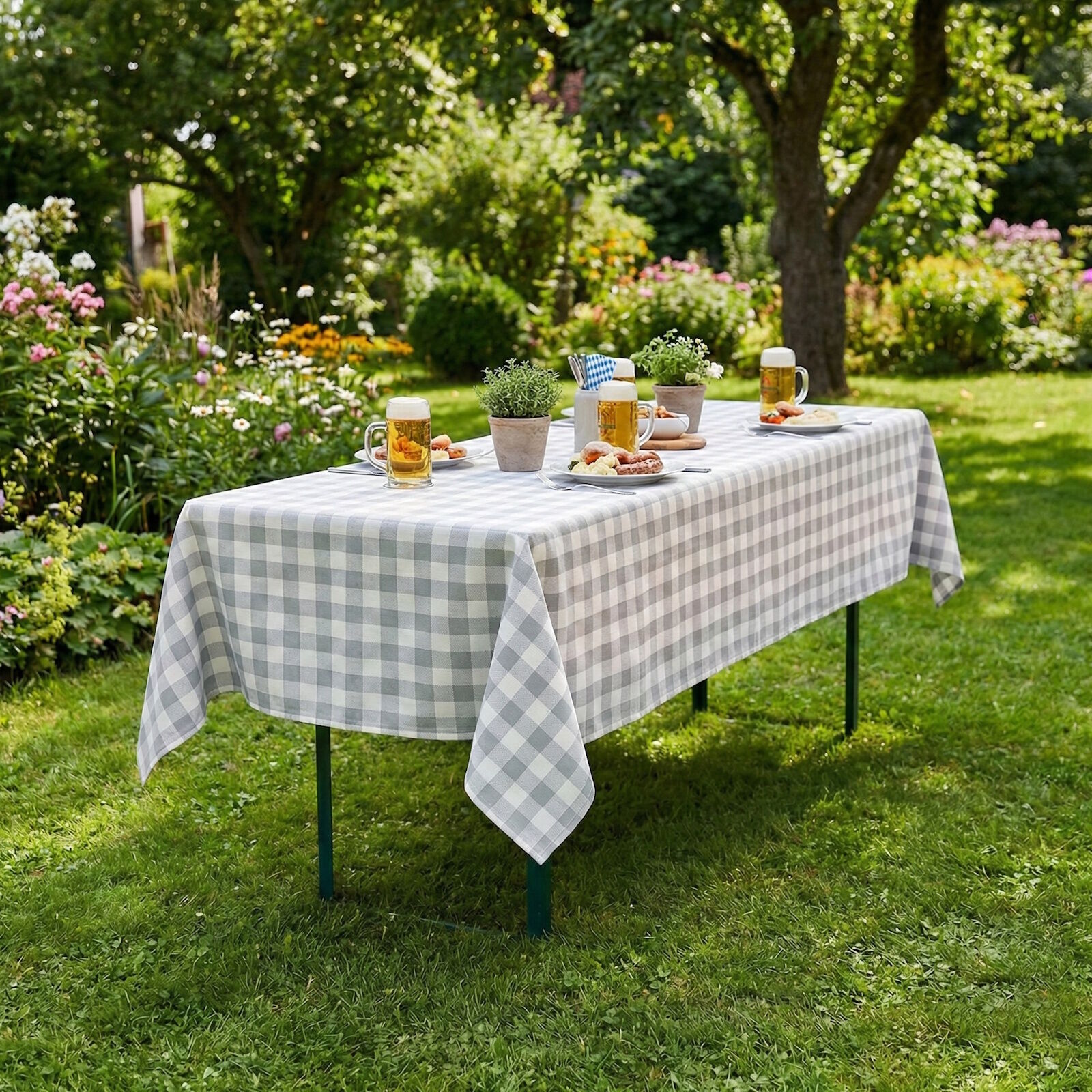 Outdoor Biertisch Tischdecke Karo 80x250 Weiß Grau Dralon