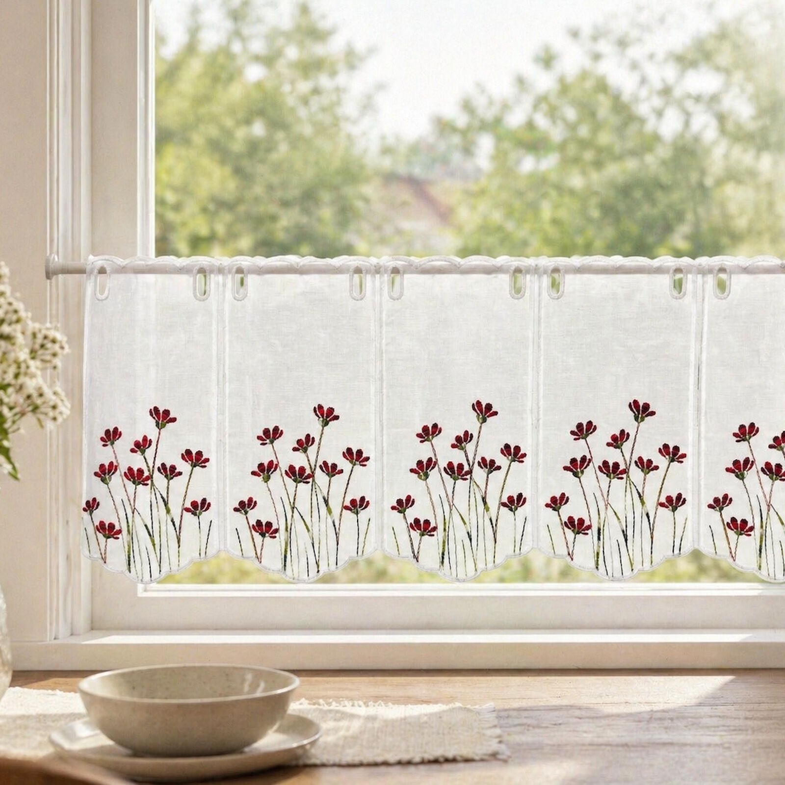 Scheibengardine Blumen Rot Creme Meterware 30 cm Vorhang
