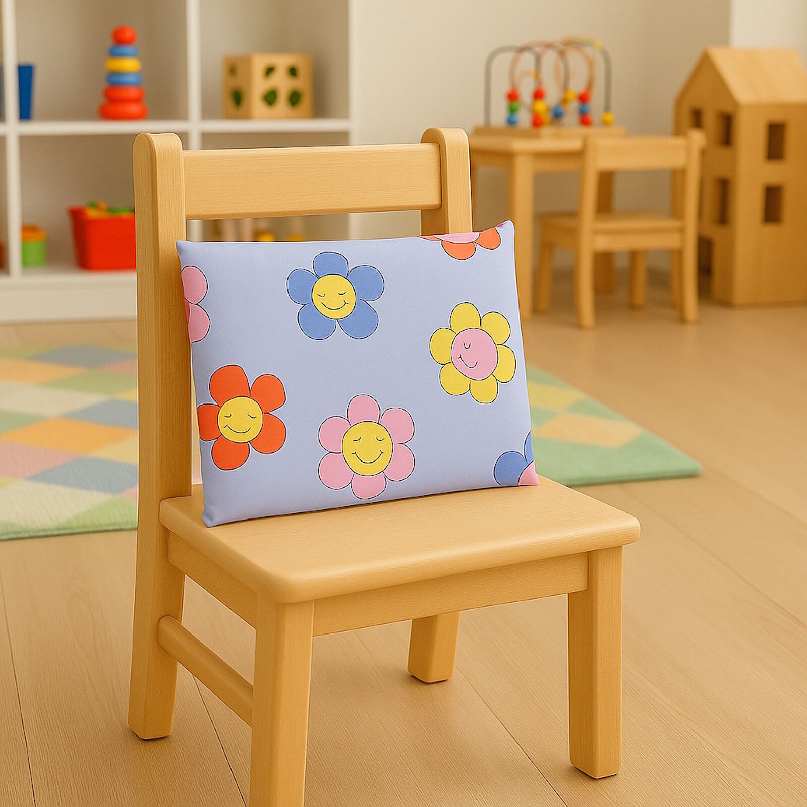 Kinder Sitzkissen lachende Blumen Hellblau 25x20 cm