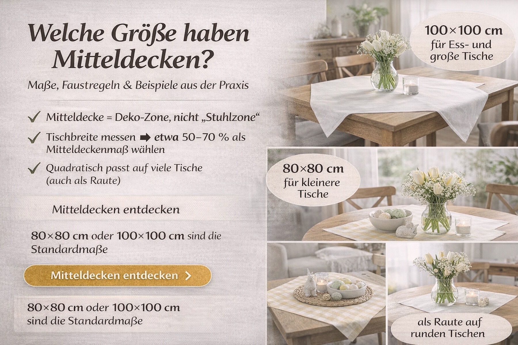 Welche Größe haben Mitteldecken? 80x80 oder 100x100 richtig wählen
