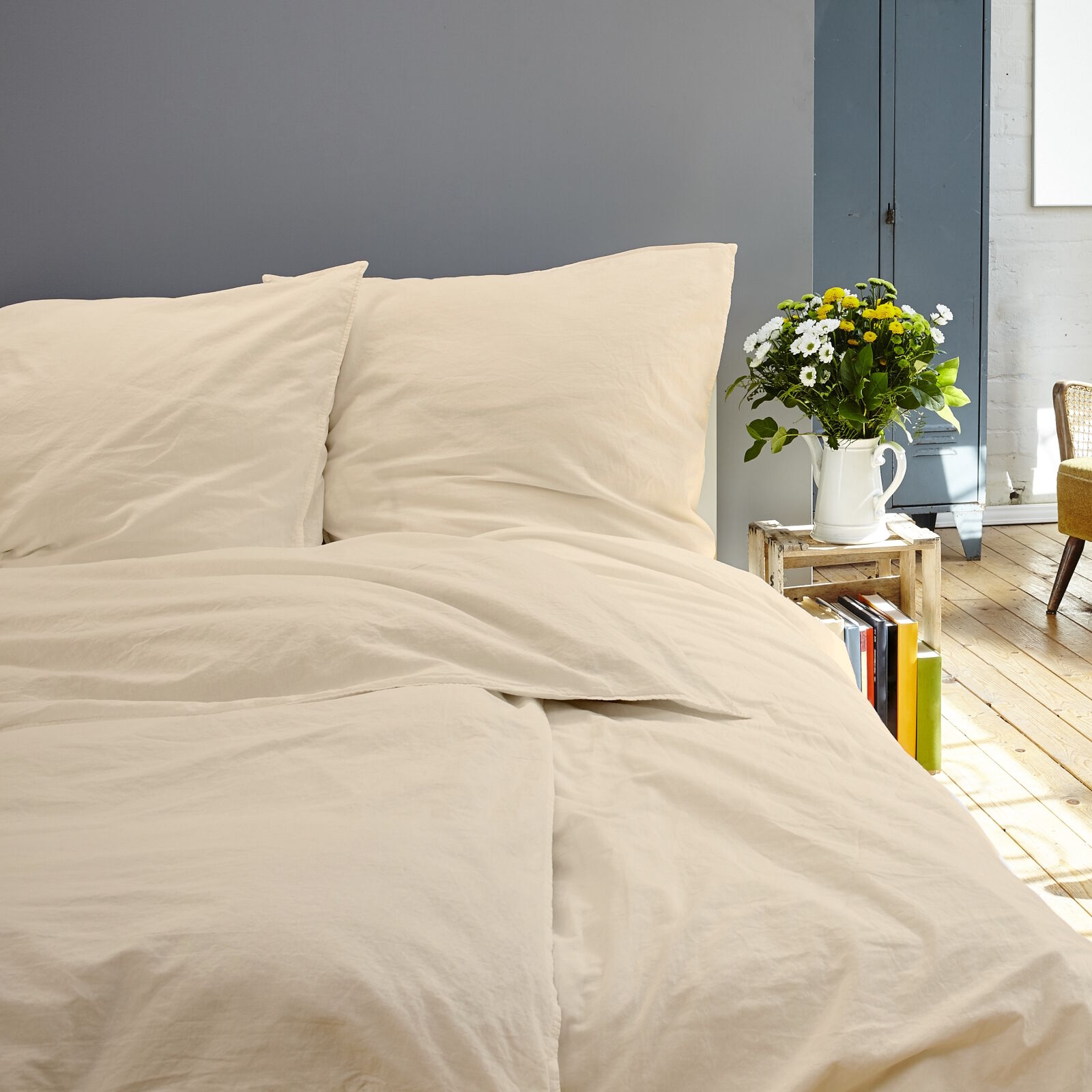 Bettwäsche Uni Beige Baumwolle Linon - 135x200 cm + 40x80 cm