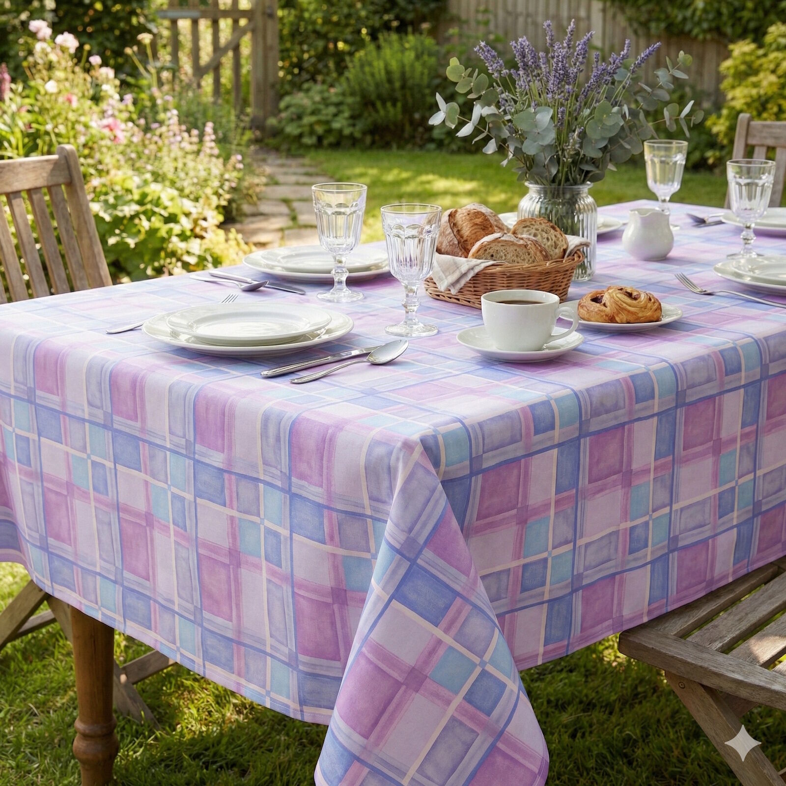 Outdoor Tischdecke 130x170 cm Streifen Karo Lila